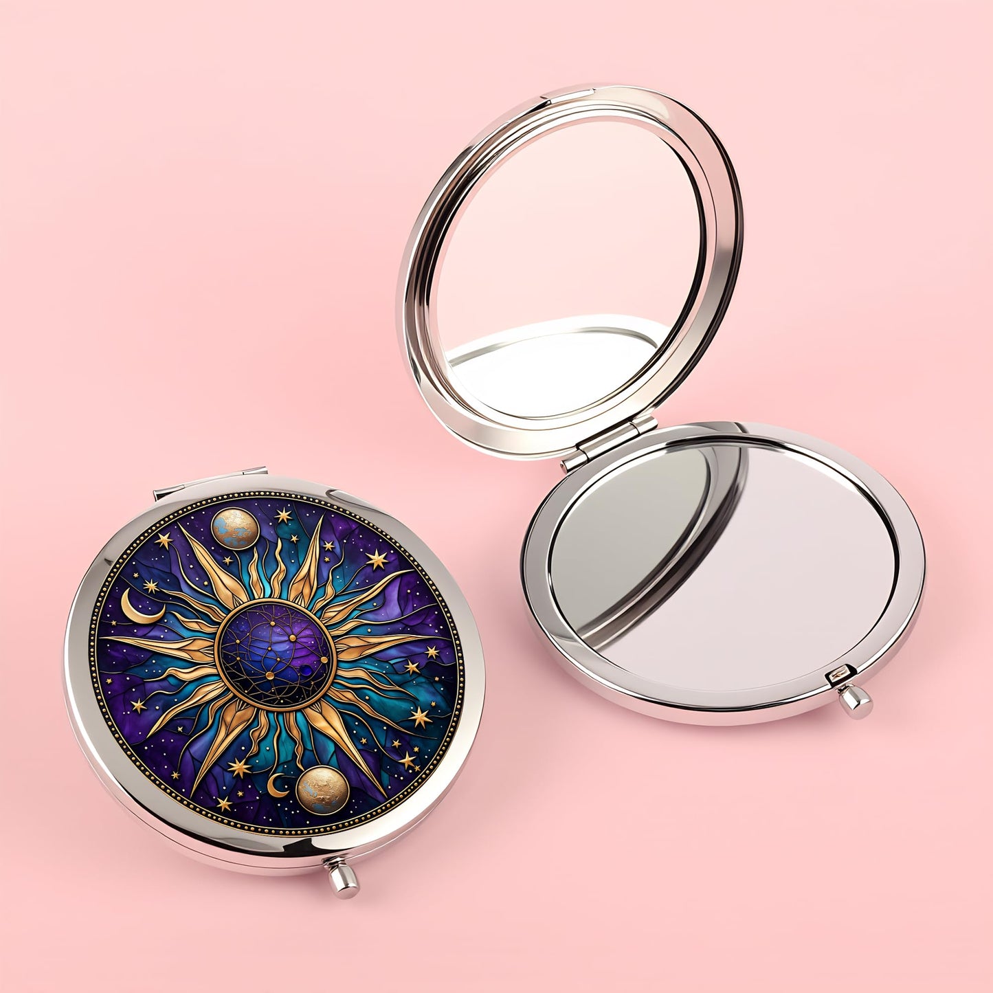 Silver Compact Mirror, 2.8x2.8inch Double-Sided Folding Makeup Mirror with Purple Sun Moon Design, Ideal Gift for Women