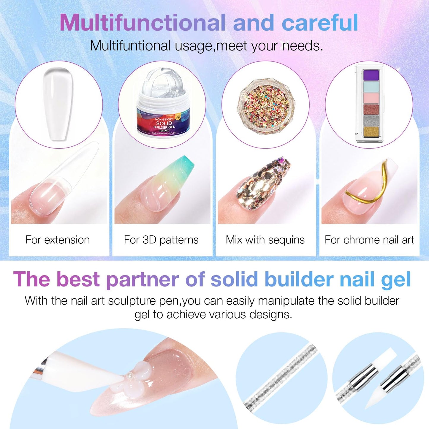 GELLAKTIK All-in-One Solid Builder Nail Gel Kit: 60g Hard Gel with 3D Mold, 6-Color Powders & Nail Art Tools (Nail File, Cuticle Pusher, Pen), Non-Sticky for Nail Extension, DIY Salon, UV/LED Cured