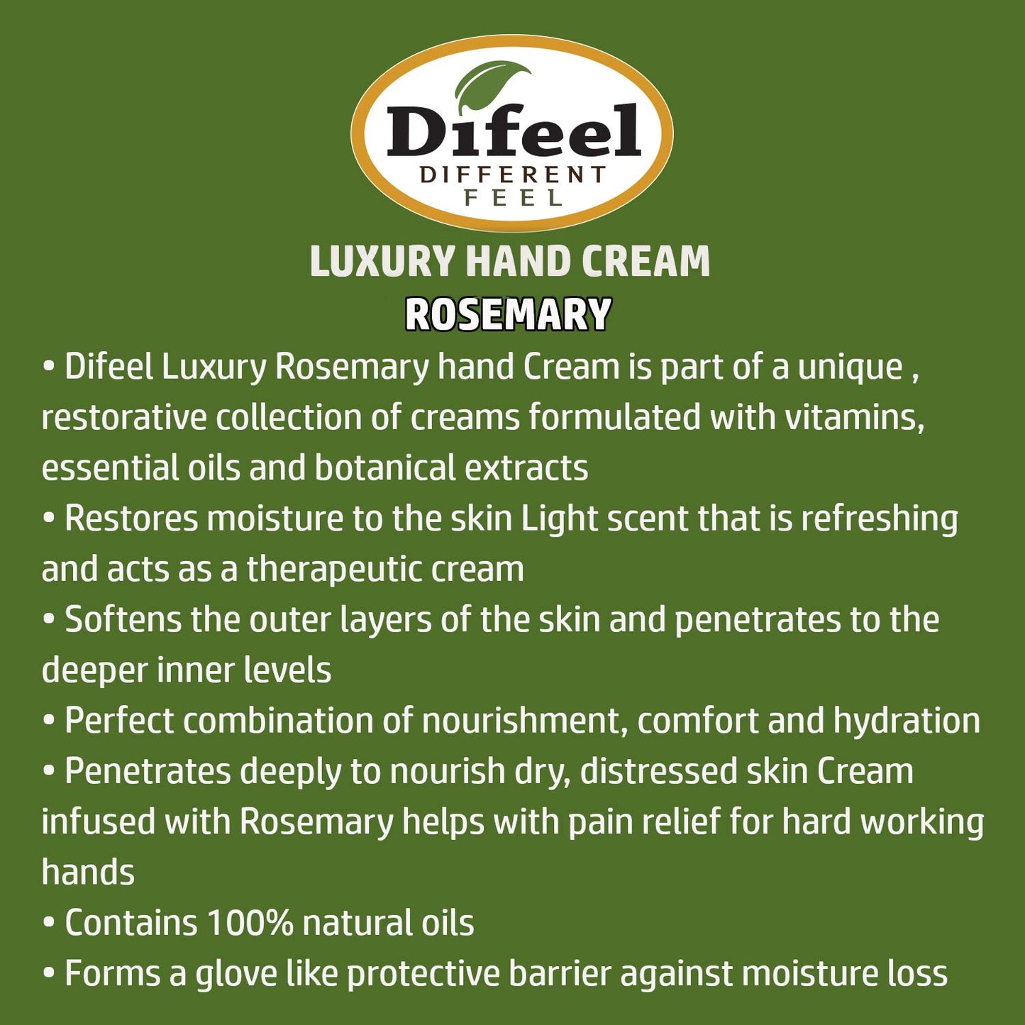 Difeel Hand Cream with Rosemary 100% Pure Natural Oils and Vitamin E 1.4 ounce