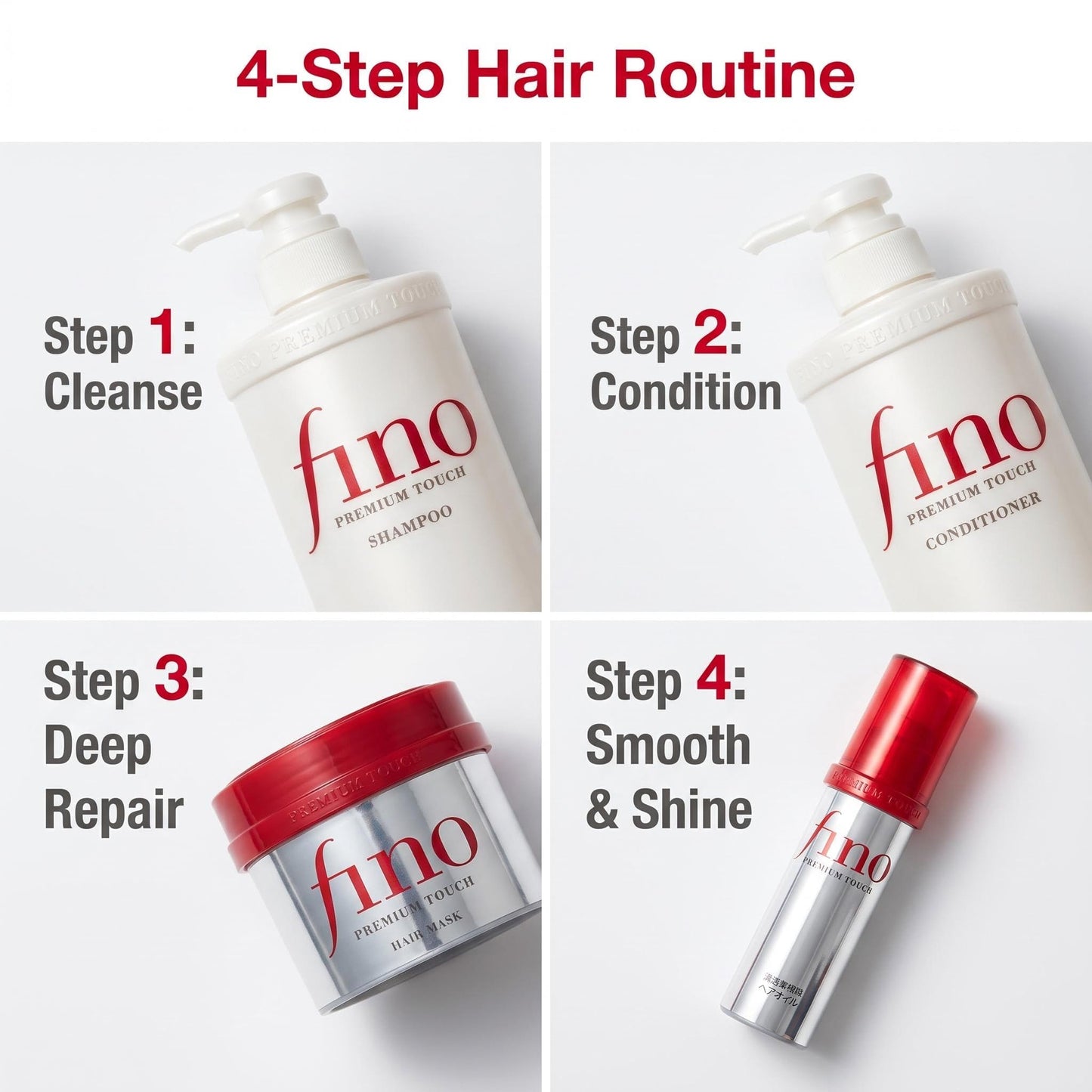 TJ SIGNATURE Fino Premium Touch Complete Hair Spa Set - Shampoo (550ml), Conditioner (550ml), Mask (230g) & Hair Oil (70ml) 5-Piece J-Beauty System for Damaged Hair - Bonus Branded Hair Tie Included