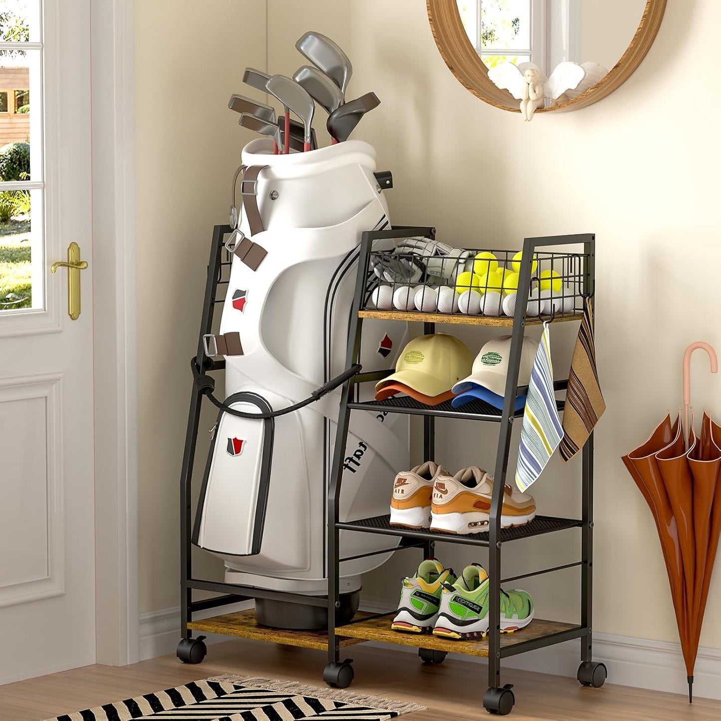 Golf Bag Storage Rack with Wheels - Organizer for Single Bag & Accessories | Sturdy Wood & Metal Construction (Black)