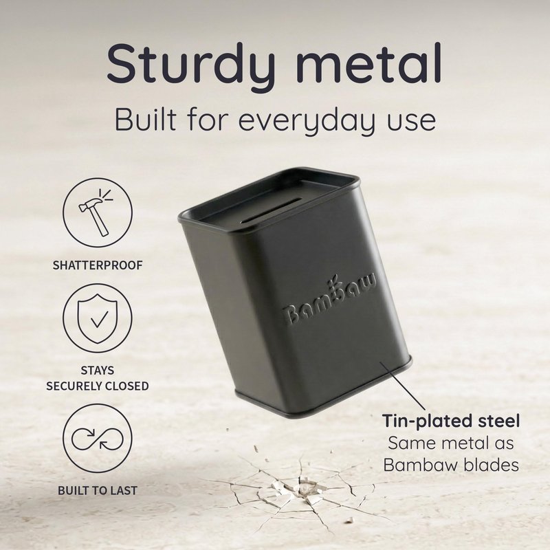 Bambaw Safety Razor Blade Disposal Container for Safety Razor Blades, High Capacity, Compact & Sealed Bank with One-Way Slot, Made of Tin-Plated Steel (Black)