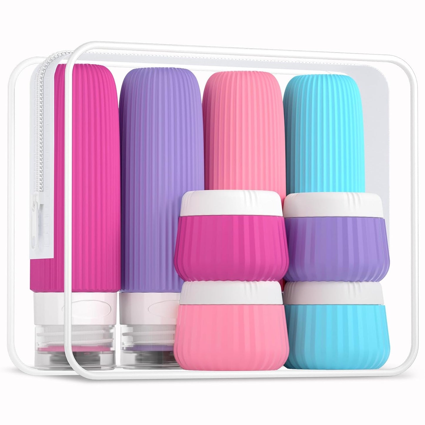 Travel Bottles - 8 Pack TSA Approved 3 oz Leak Proof Silicone Containers | Clear Toiletry Jars