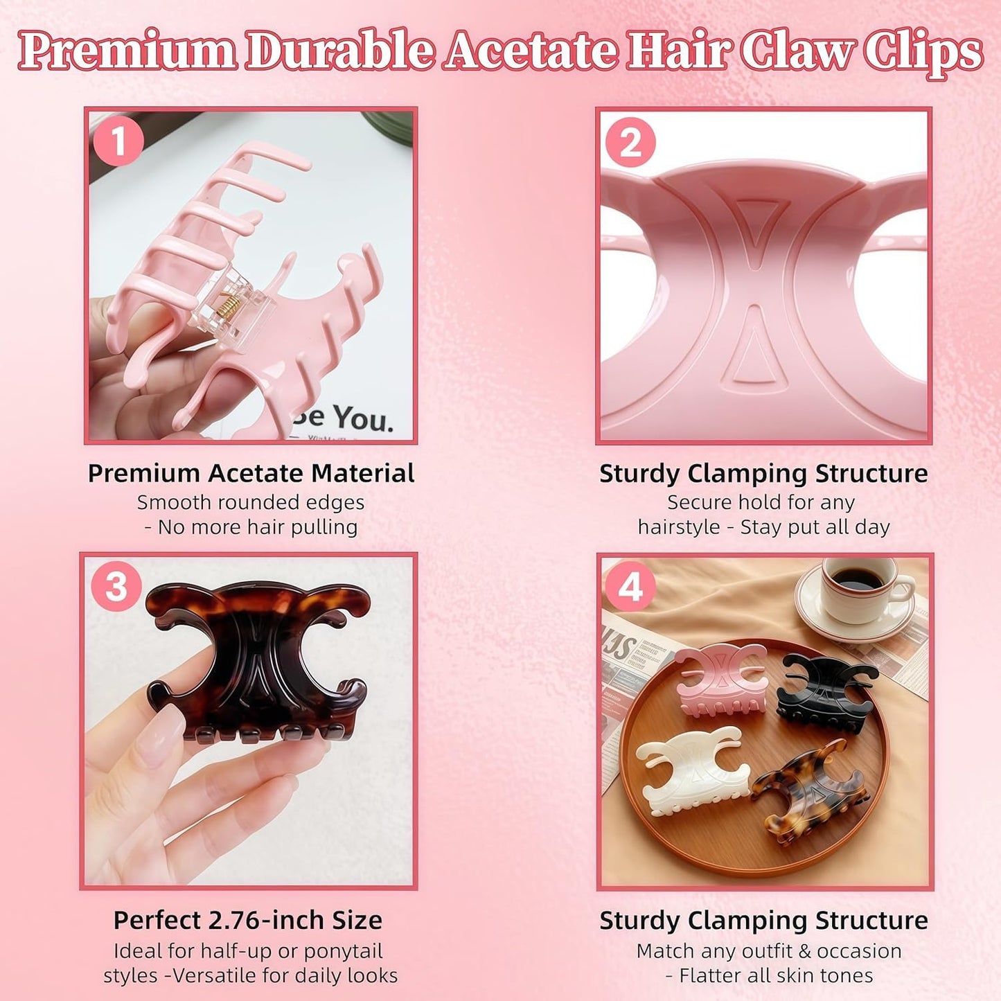 Acetate Butterfly Hair Clips for Women - Durable Medium Hair Claw Clips | Stable Hold, 4-Pack, Multiple Colors (2.76 x 1.66 In)