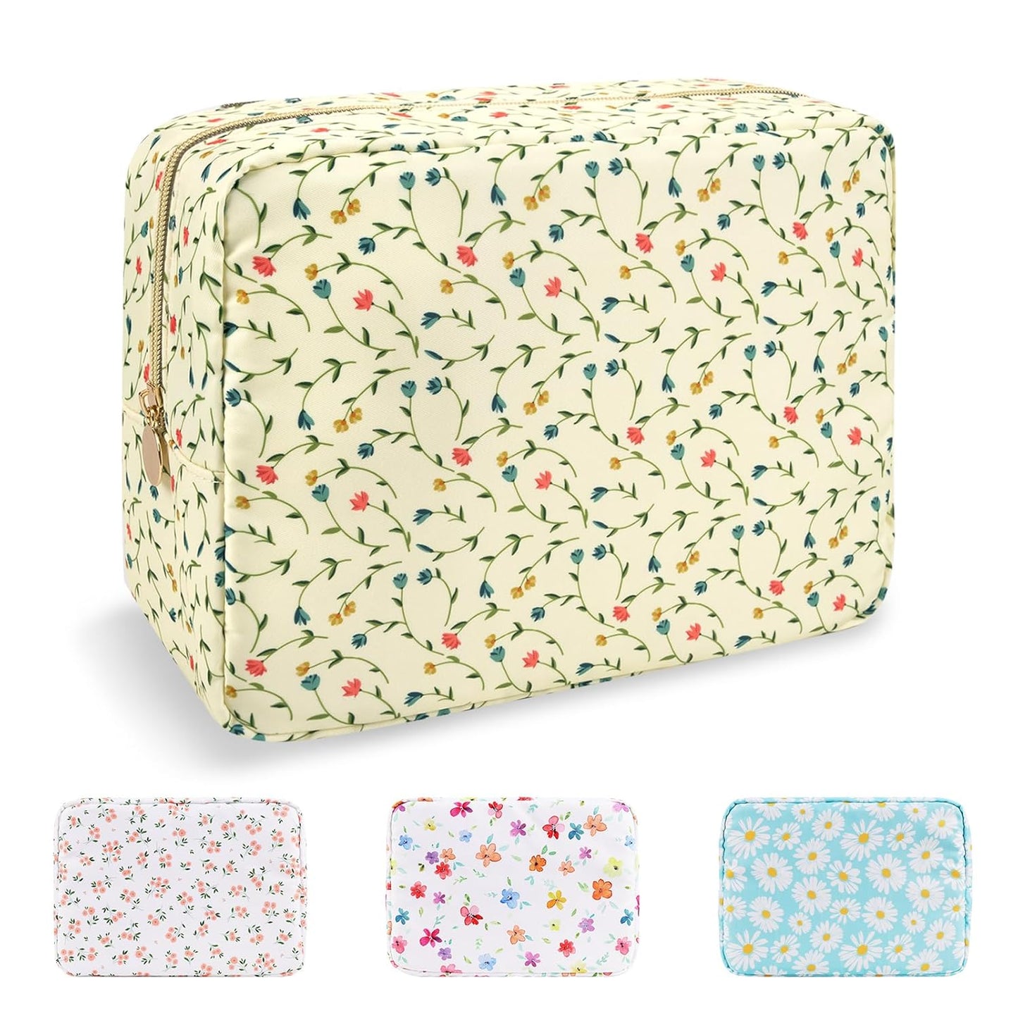 Waterproof Mini Floral Makeup Bag - Nylon Travel Pouch for Women | Cute Zipper Toiletry Organizer (Mini White-Flowers)