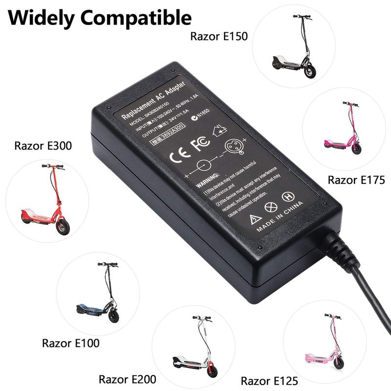 Janboo 24V Scooter Battery Charger Compatible for Razor E100 E200 E200S E175 E300 E300S E125 E150 E500 PR200 E225S E325S MX350 MX400 Dirt Bike, Dirt Rocket, Pocket Mod, Sports Mod Power Supply Cord