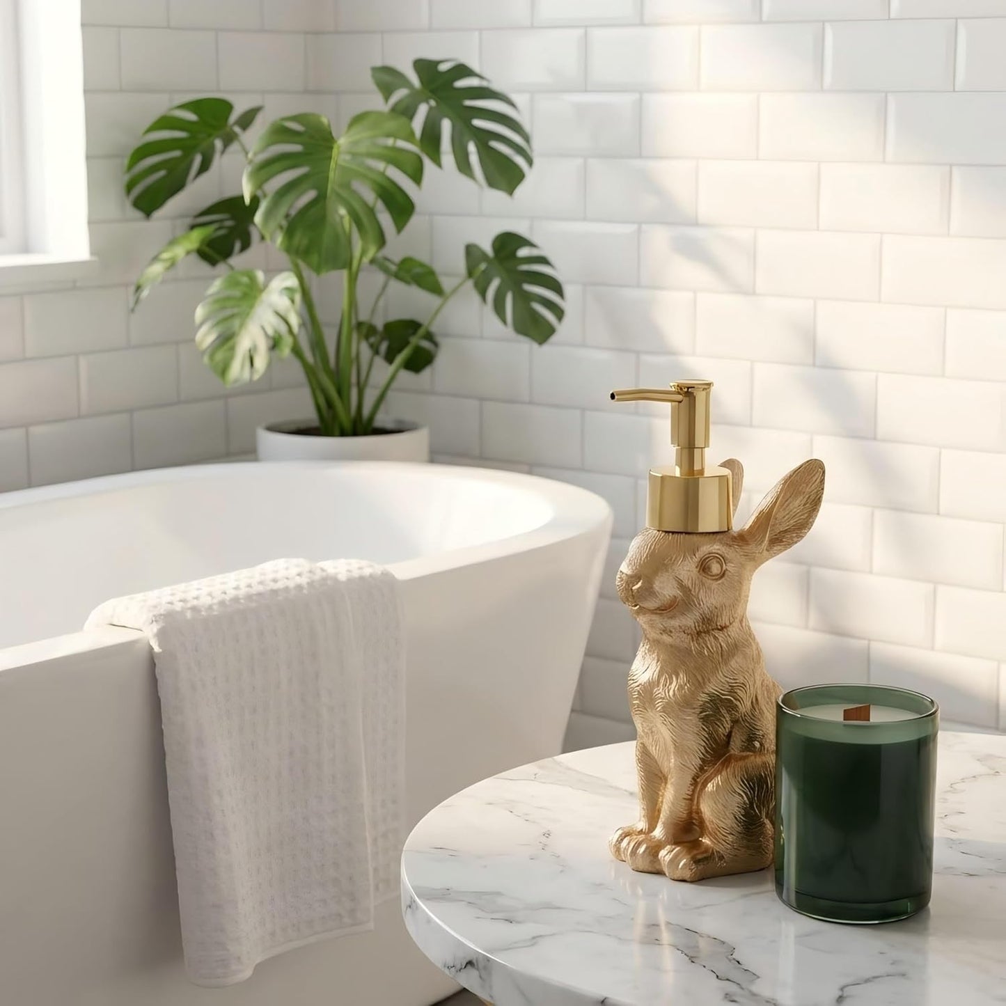 Gold Bunny Soap Dispenser Set - Vintage Rabbit Hand & Dish Soap Dispensers for Kitchen & Bathroom | 8oz Rust-Proof Resin Statues