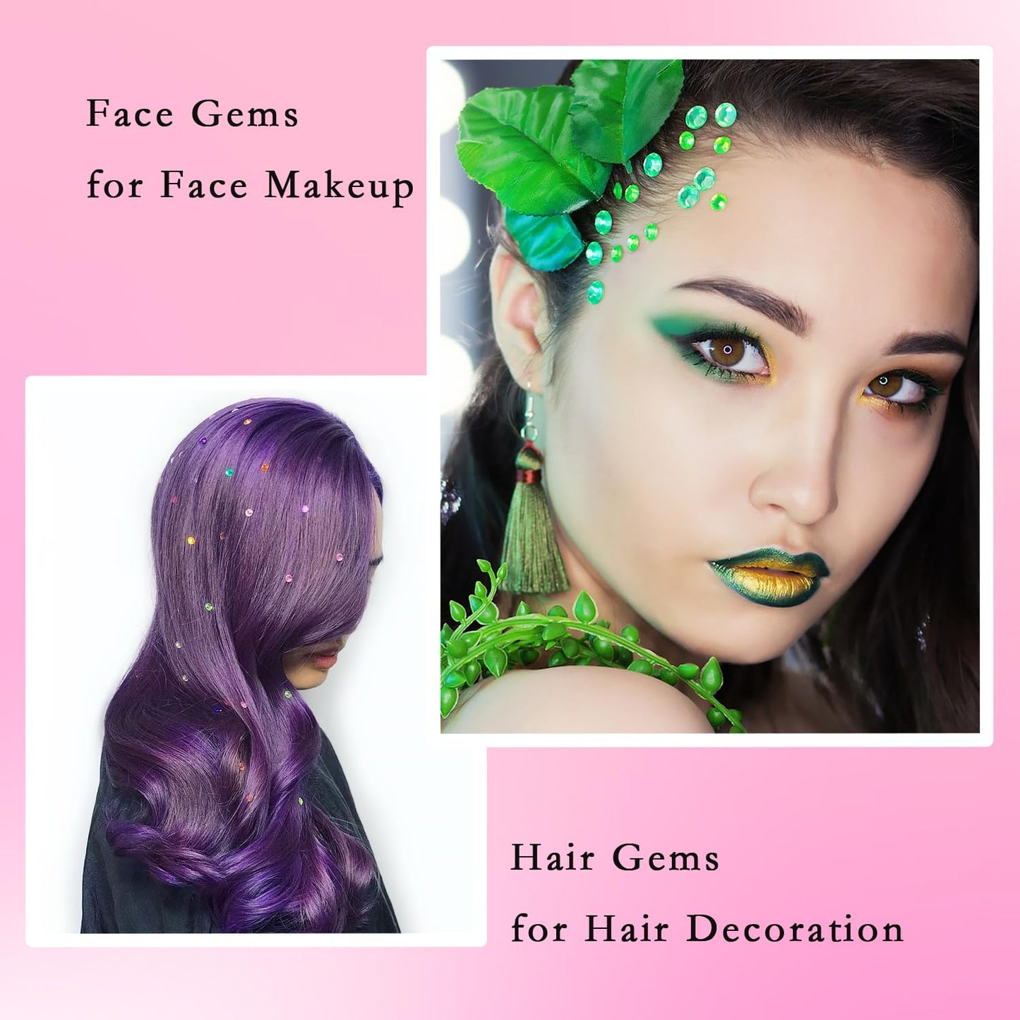 NIACONN 1760 Pcs Green Hair Jewels Face Gems Stick on, Self Adhesive Glitter Rhinestones Stickers for Women Body Eyes Nails Festival Halloween Makeup & Crafts