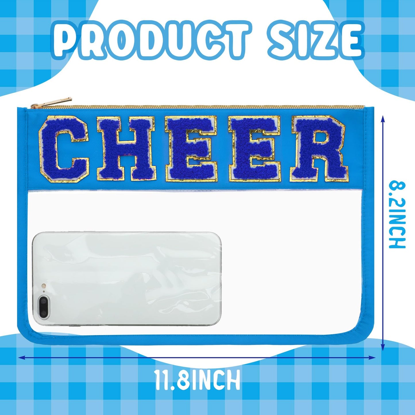 Abbylike 4 Pcs Cheer Makeup Bag Gift Set 11.8x8.2 Inches for Cheerleader Team Girls Clear Chenille Letter Cosmetic Bags Zipper Toiletry Makeup Pouch Bulk Women Travel Snack Bag(Blue,Cheer)