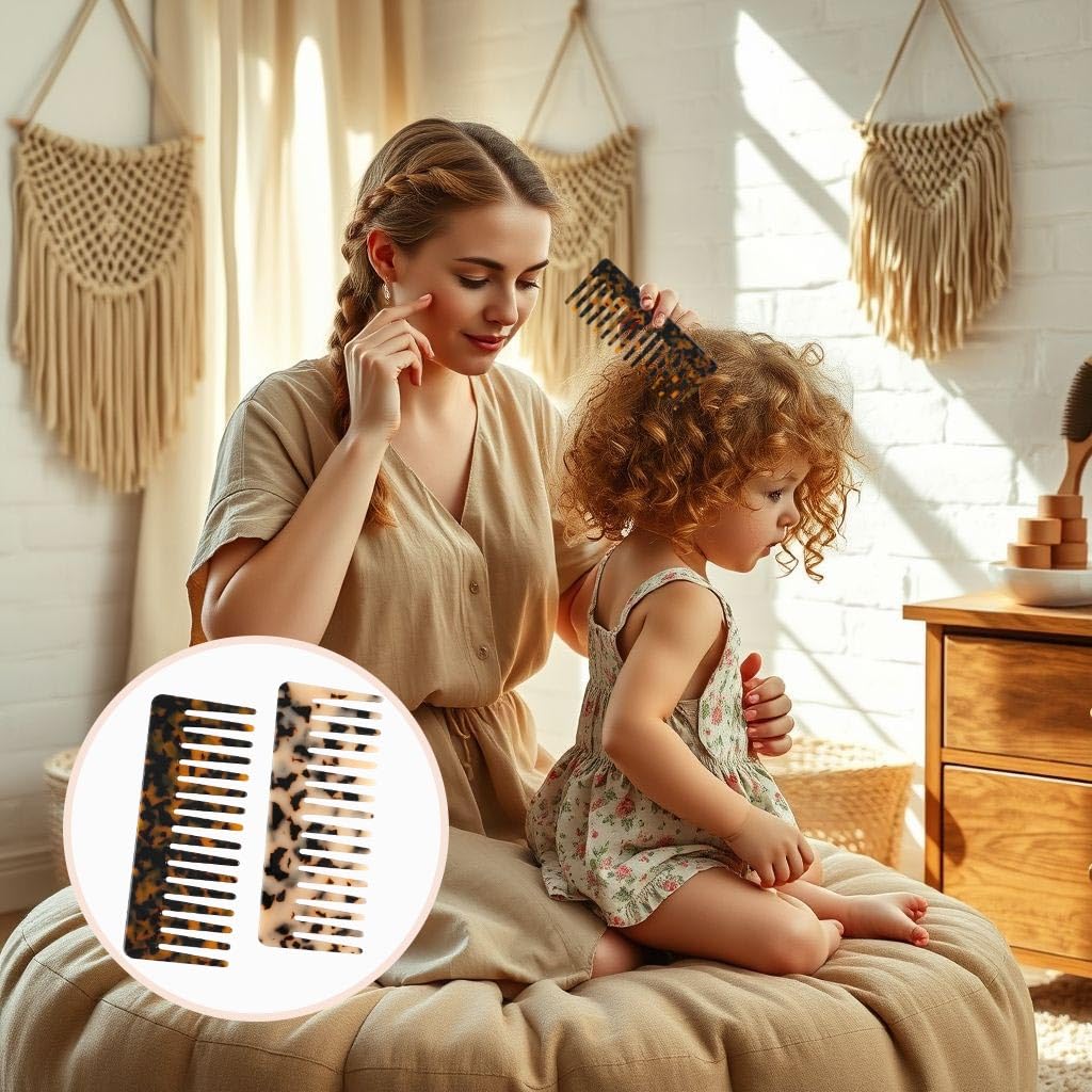 Hair Detangling Comb Set - Wide Tooth Cellulose Combs for Thick, Curly, Wavy Hair | 2 Pack in Tortoise Shell & Ivory