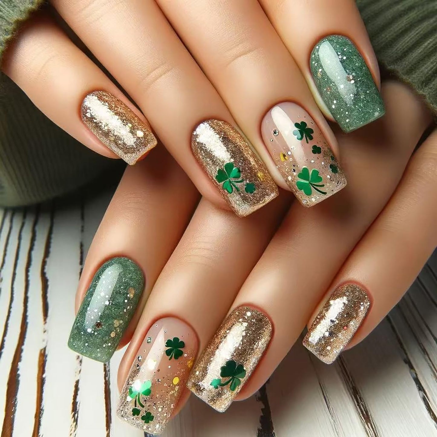 French Tip Press-On Nails - Short Square Floral Design with 3D Rhinestones | 24 Pcs Glossy Acrylic Set