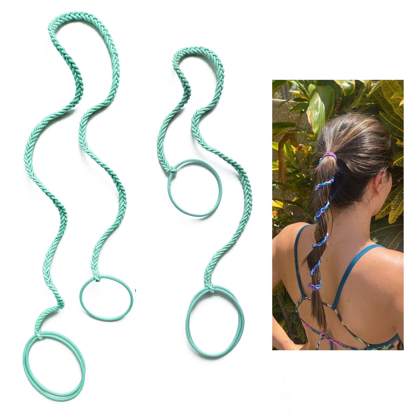 2 Packs (1PC 16"+1PC 25") Aqua Hair Ties No Hooks for Women, Elastic Strong Hair Bands for Long Thick Curly Hair Ponytails Holders for Swim Diving Motorcycle Rides Skiing Surf