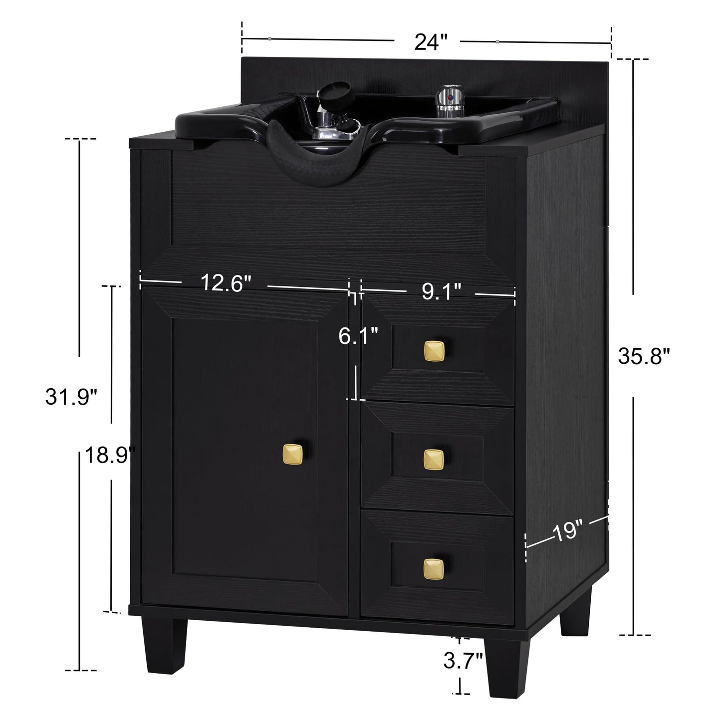 BarberPub Barber Storage Shampoo Station, Spa Textured Embossed Cabinet with Shampoo Bowl & Drawers, Hair Salon Sink Backwash Equipment 7131 (Black)