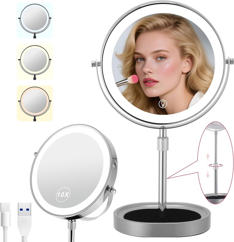 Adjustable-Height Rechargeable Makeup Mirror - 3 Color Lights, Touch Screen, 8'' Dual-Sided 1X/10X | 360° Rotation with Jewelry Tray