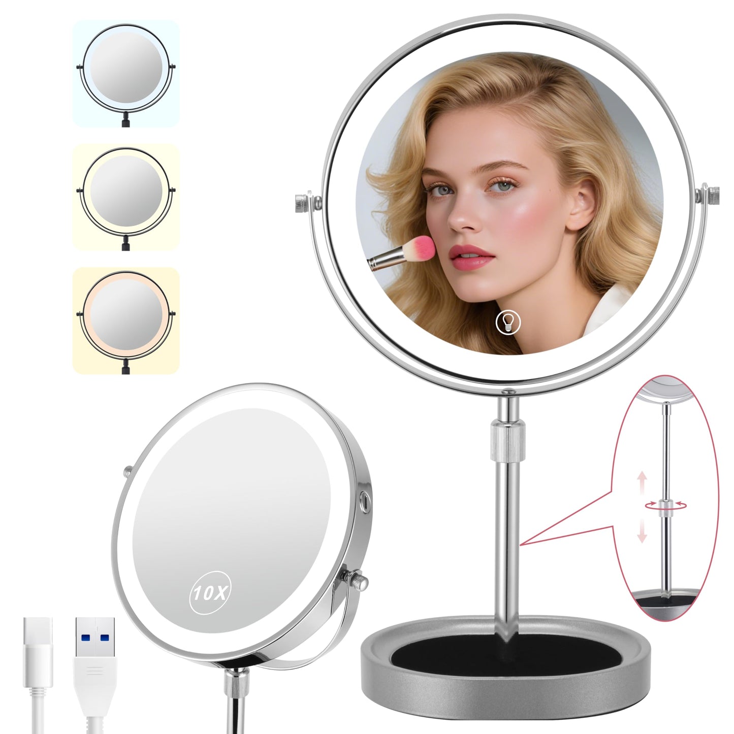 Rechargeable Adjustable-Height Makeup Mirror with 3 Color Lights,Touch Screen and Dimmable Settings,8'' Dual-Sided 1X/10X,360° Rotation Vanity Mirror with Jewelry Tray,Lighting Cosmetic Mirror