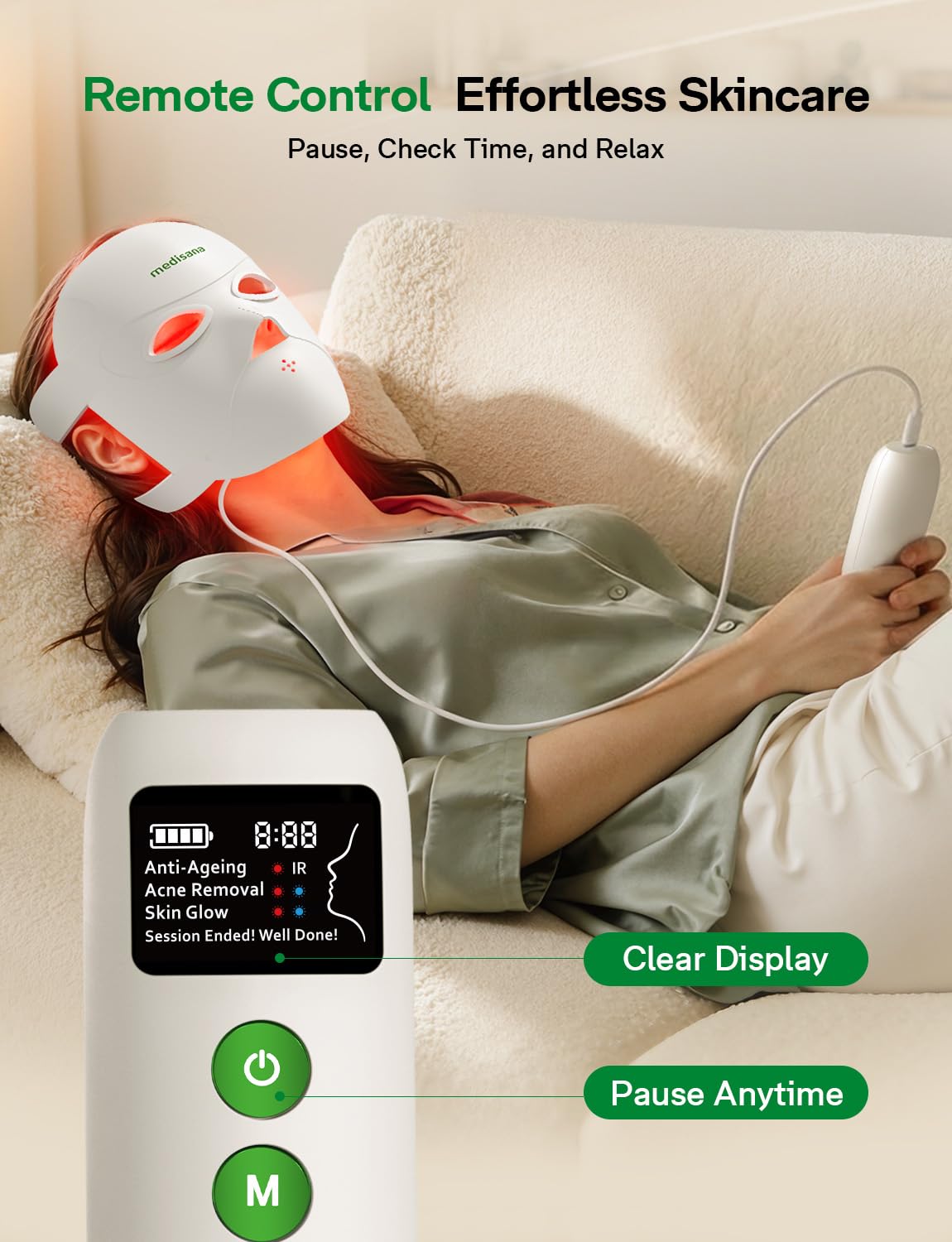 Medisana 3D Red Light Therapy for Face, 336 LEDs with 3 Modes - NIR 830nm, Red 630nm, Blue 415nm - 3D Ergonomic Silicone Design, Cordless & Rechargeable LED Face Mask, Skincare Gifts for Women