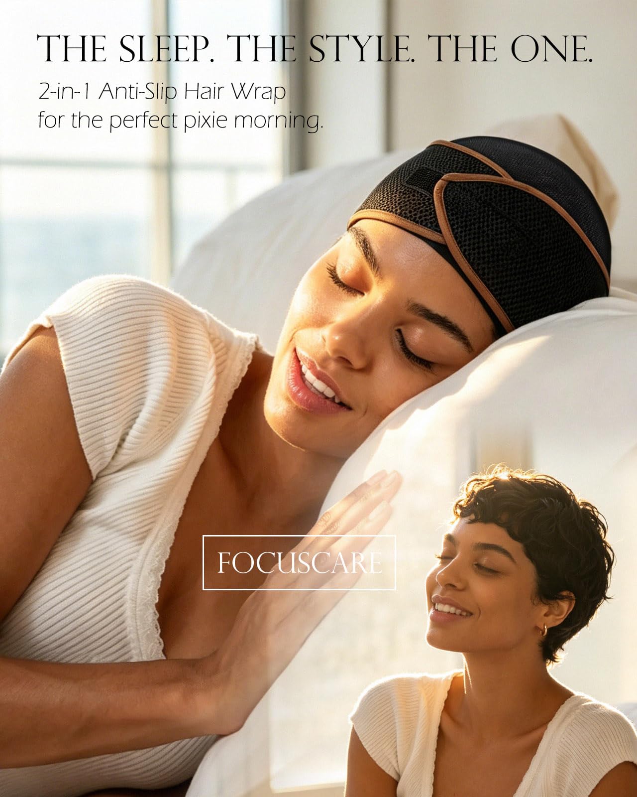 FocusCare 2-in-1 Anti-Slip Hair Wrap for Sleep – Mesh Durag Cap for Pixie Cut Short Hair, Adjustable Hook and Loop Fastener Closure