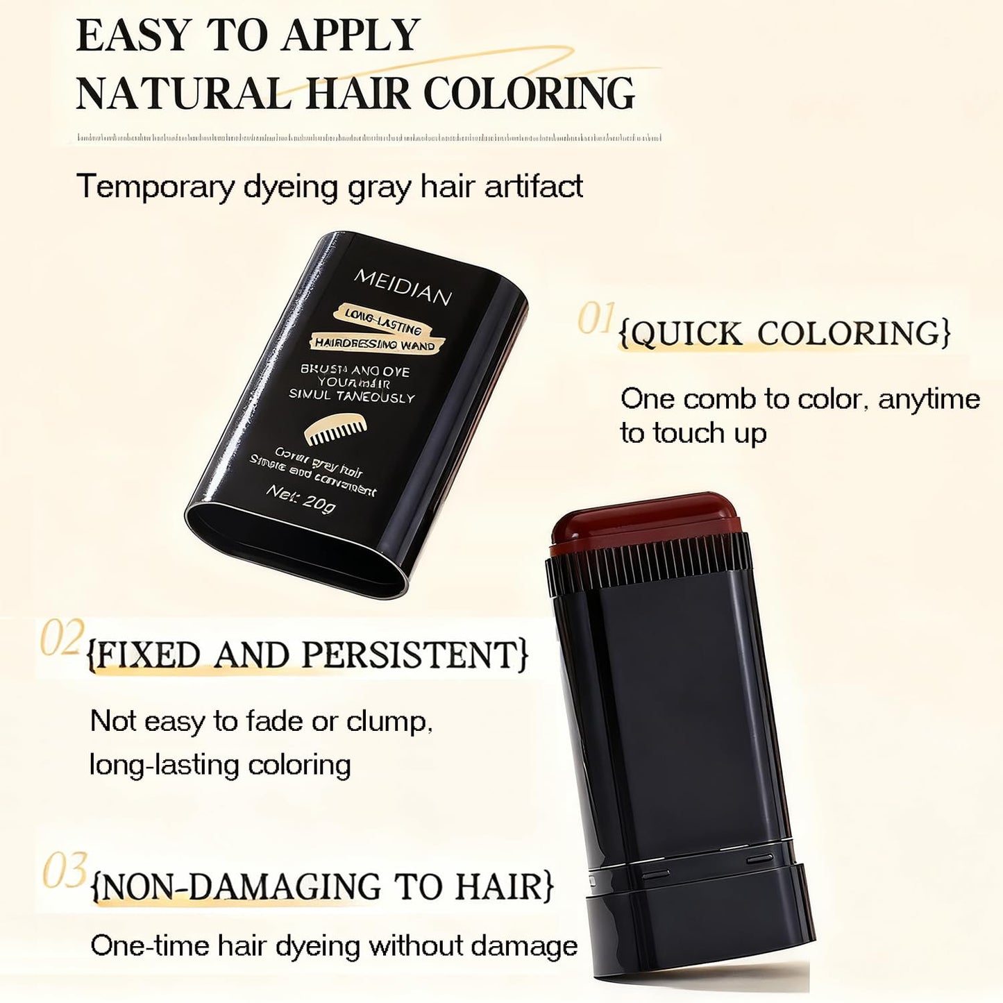 Root-Touch-Up Hair Color Stick & Comb - Instant Waterproof Black Dye for Gray Coverage | Portable 2-in-1 Cream Formula