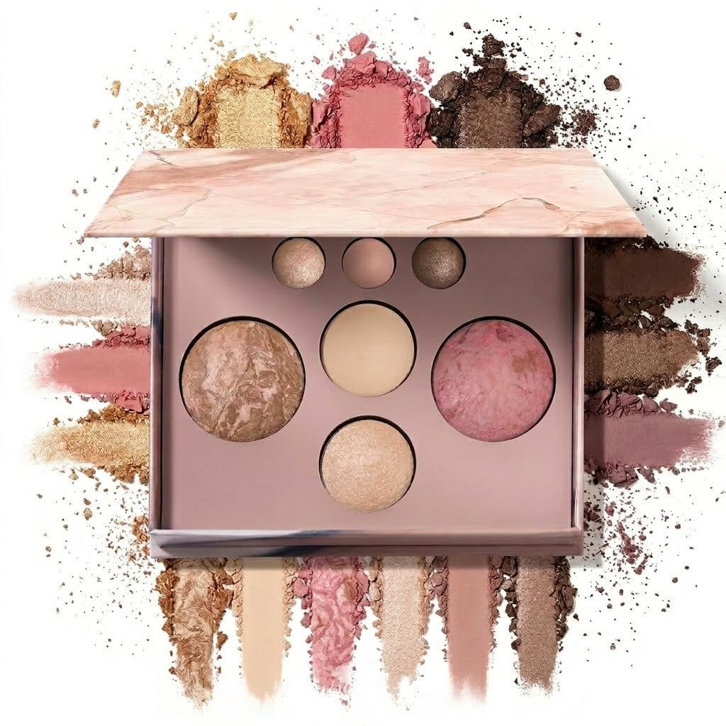 Ihuiniya 7 Colors Baked Makeup Palette, All in One Eyeshadow, Blush, Highlighter and Bronzer, Neutral Warm Tones, Natural Finish, Travel-Friendly Compact (PINK-7Color)
