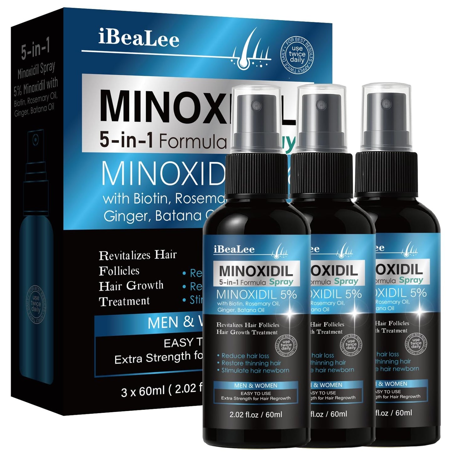 Minoxidil Hair Growth Serum for Men & Women | Biotin & Rosemary Infused | 3 Bottles for Thicker, Fuller Hair