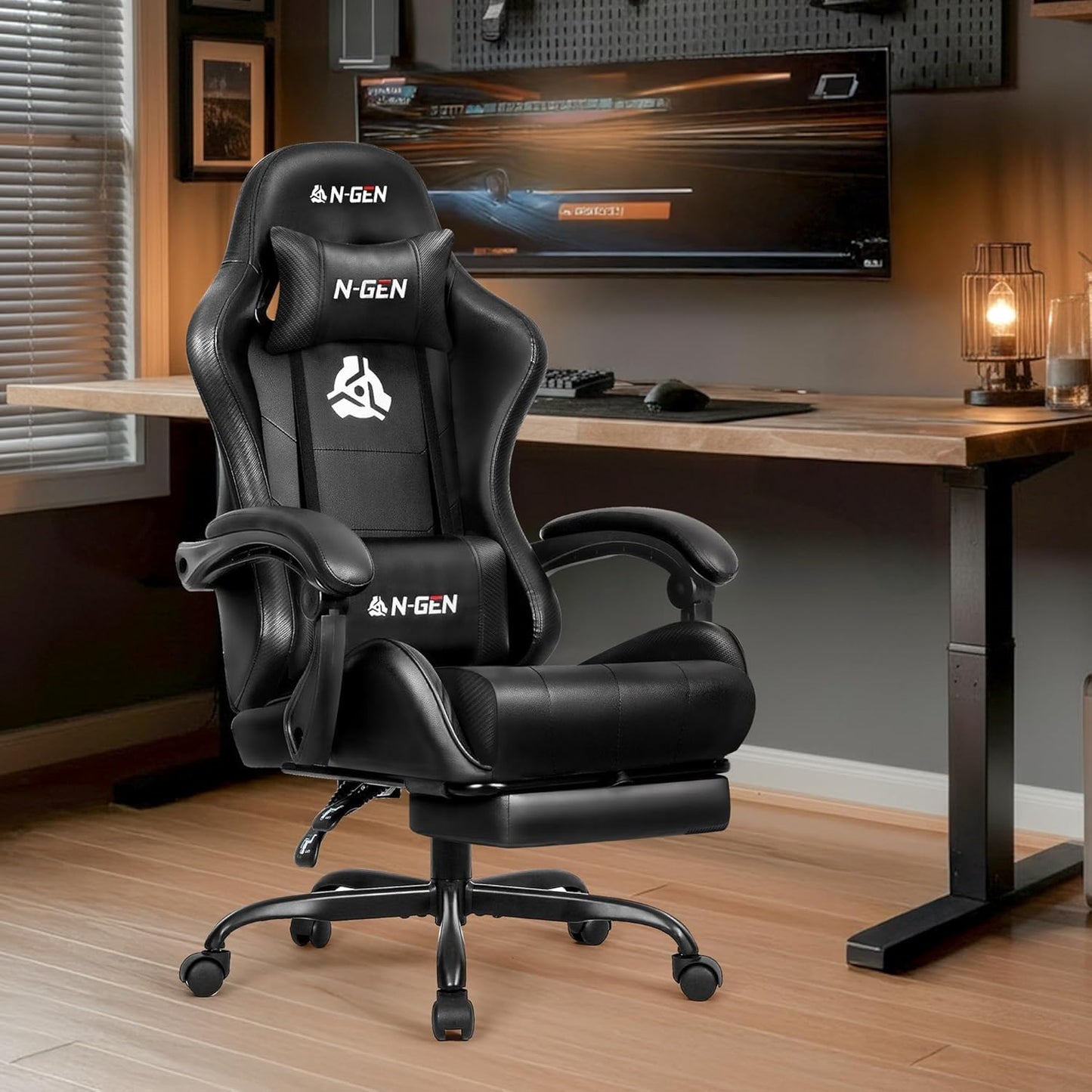 N-GEN Gaming Chair - Ergonomic Video Gaming Chair with Footrest & Lumbar Support | Adjustable High Back in Carbon Black