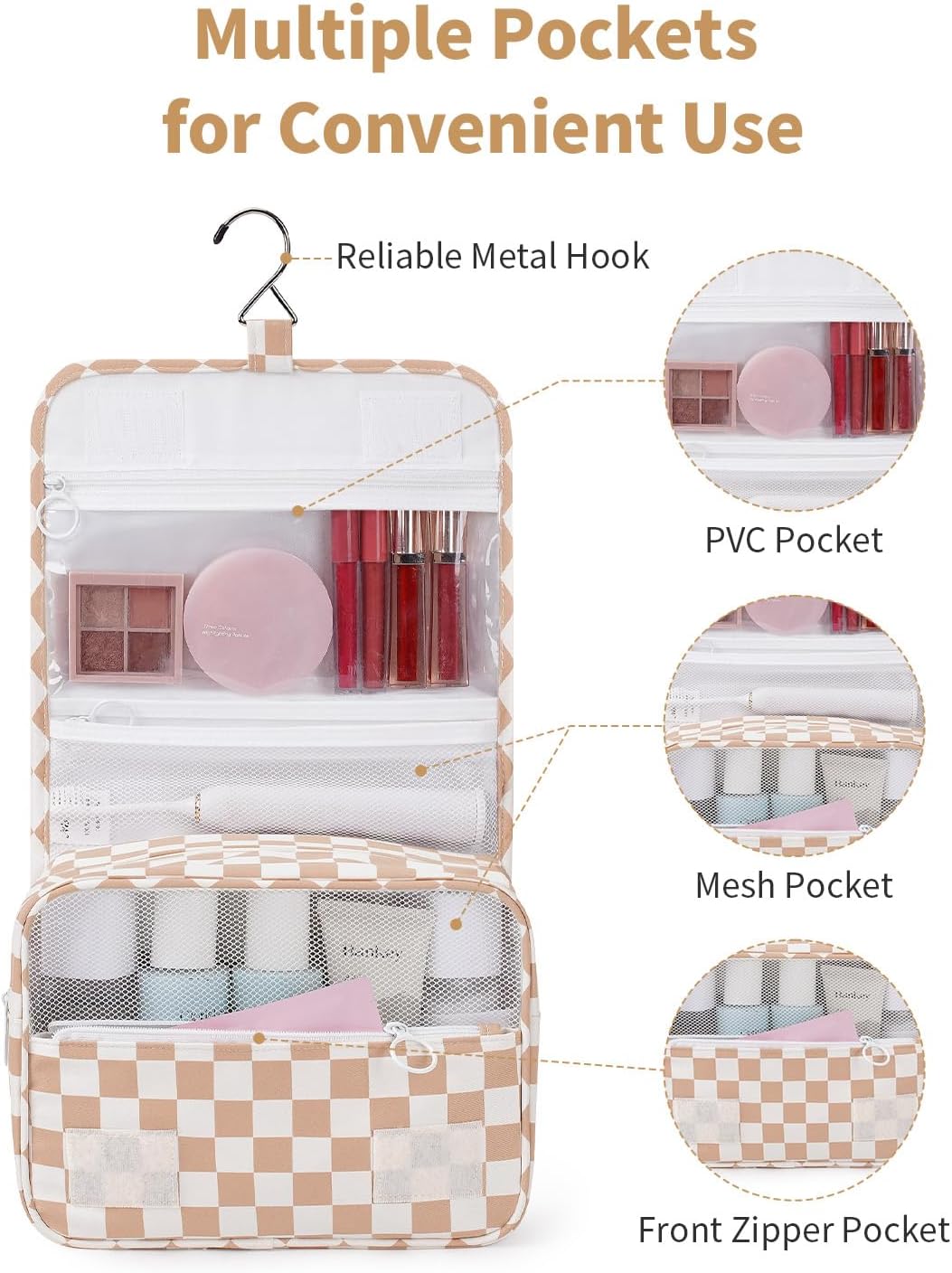 Travel Toiletry Bag - Small Hanging Makeup Organizer for Women | Light Brown Checkerboard Design