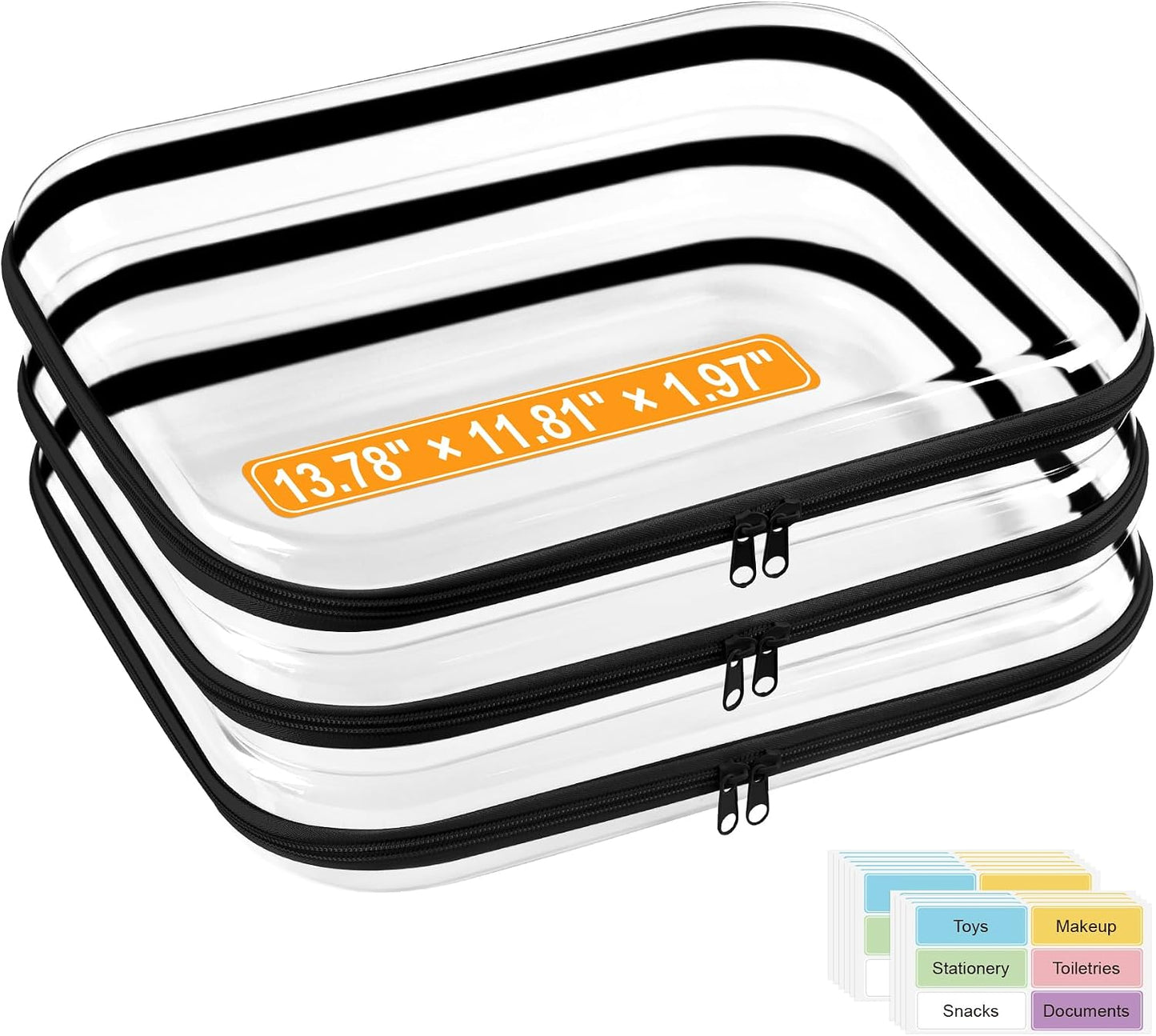 Extra Large Clear Hard Shell Zipper Case - Travel Toiletry Pouch & Makeup Organizer | 3 Pack, White