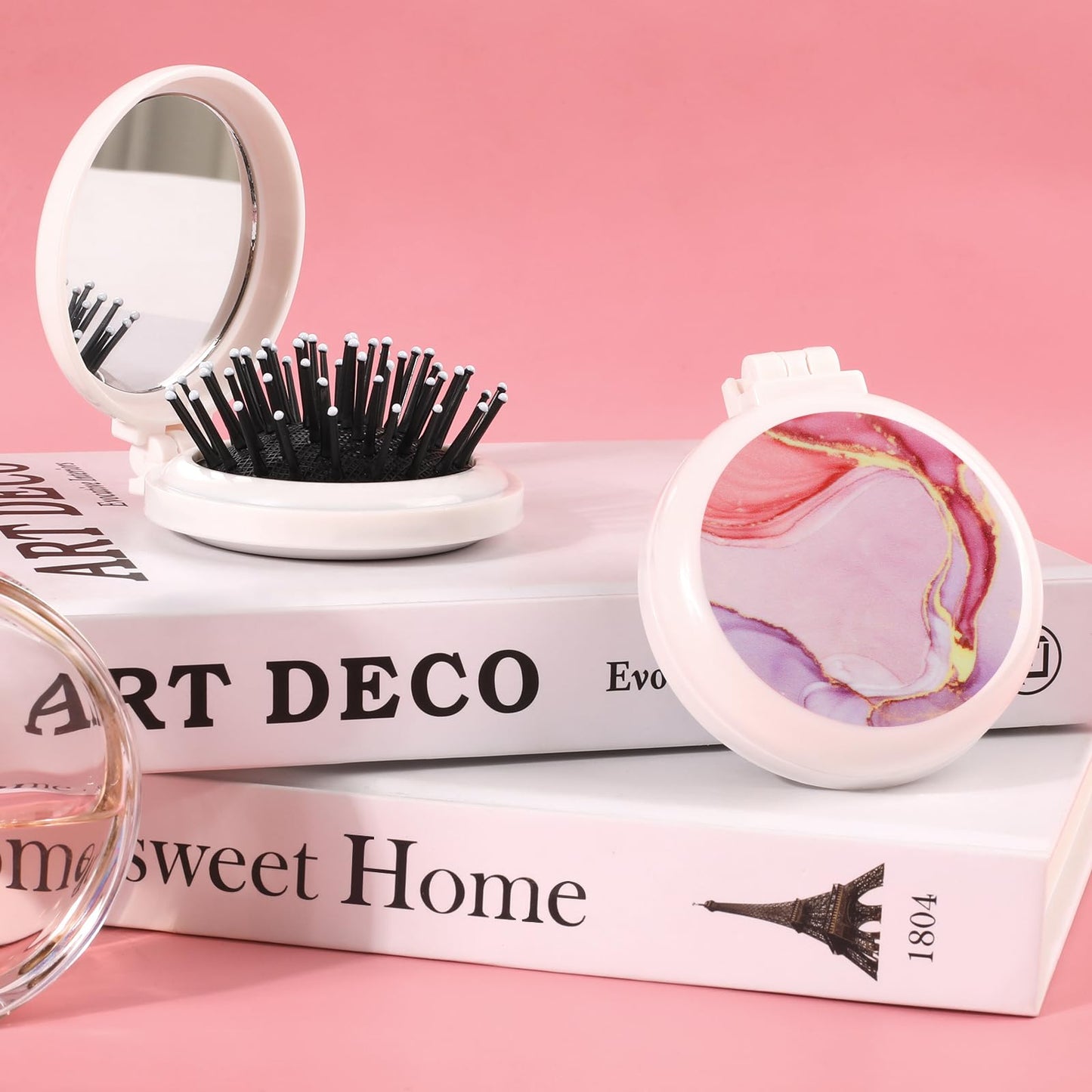 Mengduxd Mini Makeup Mirror Comb, Compact And Foldable, Portable, Women's Handbag Essential, Travel Essential Compact Comb (Pink Marble)