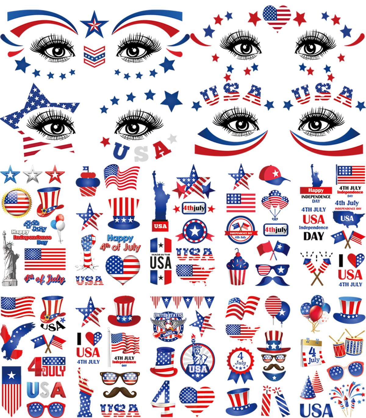 120+ PCS 4th of July Temporary Tattoos, Patriotic Waterproof Fake Tattoos with American Flag Eagle Fireworks Designs, Independence Day Party Favors Supplies for USA Memorial Day Parade