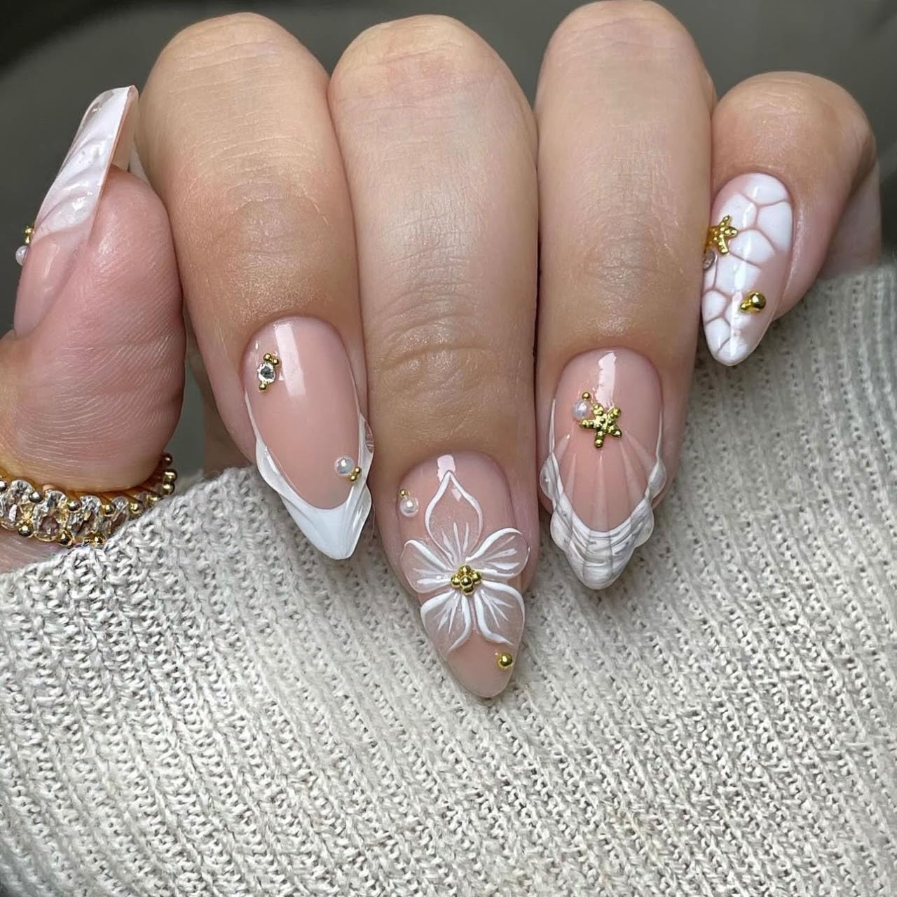 Red French Tip Press-On Nails - Almond Shape with 3D Crystal Designs | 24 Pcs Reusable Nail Kit for Manicure