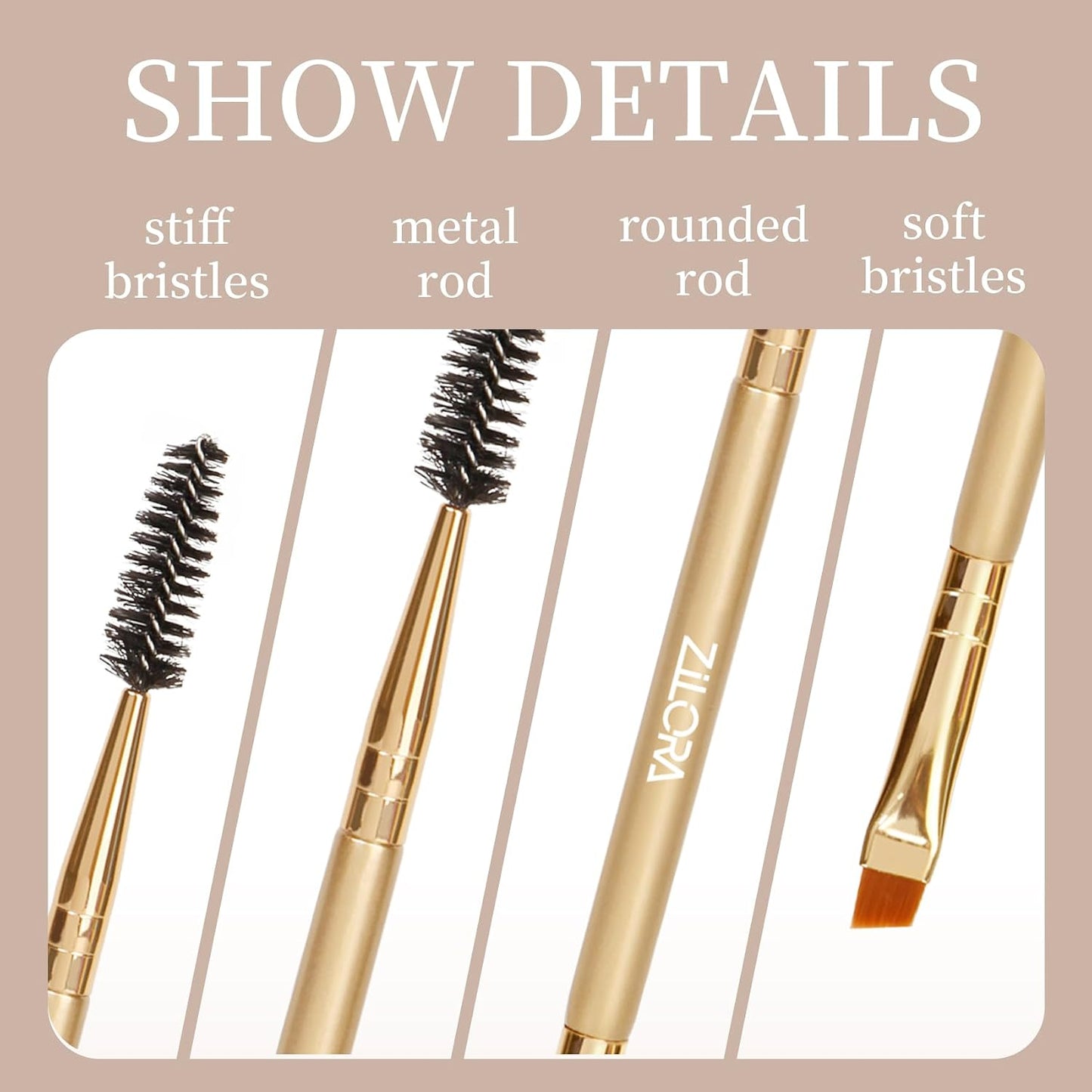 Dual Ended Eyebrow Brush Set - Premium Angled Brow Brush & Spoolie Duo | Soft Synthetic Bristles, Gold Finish