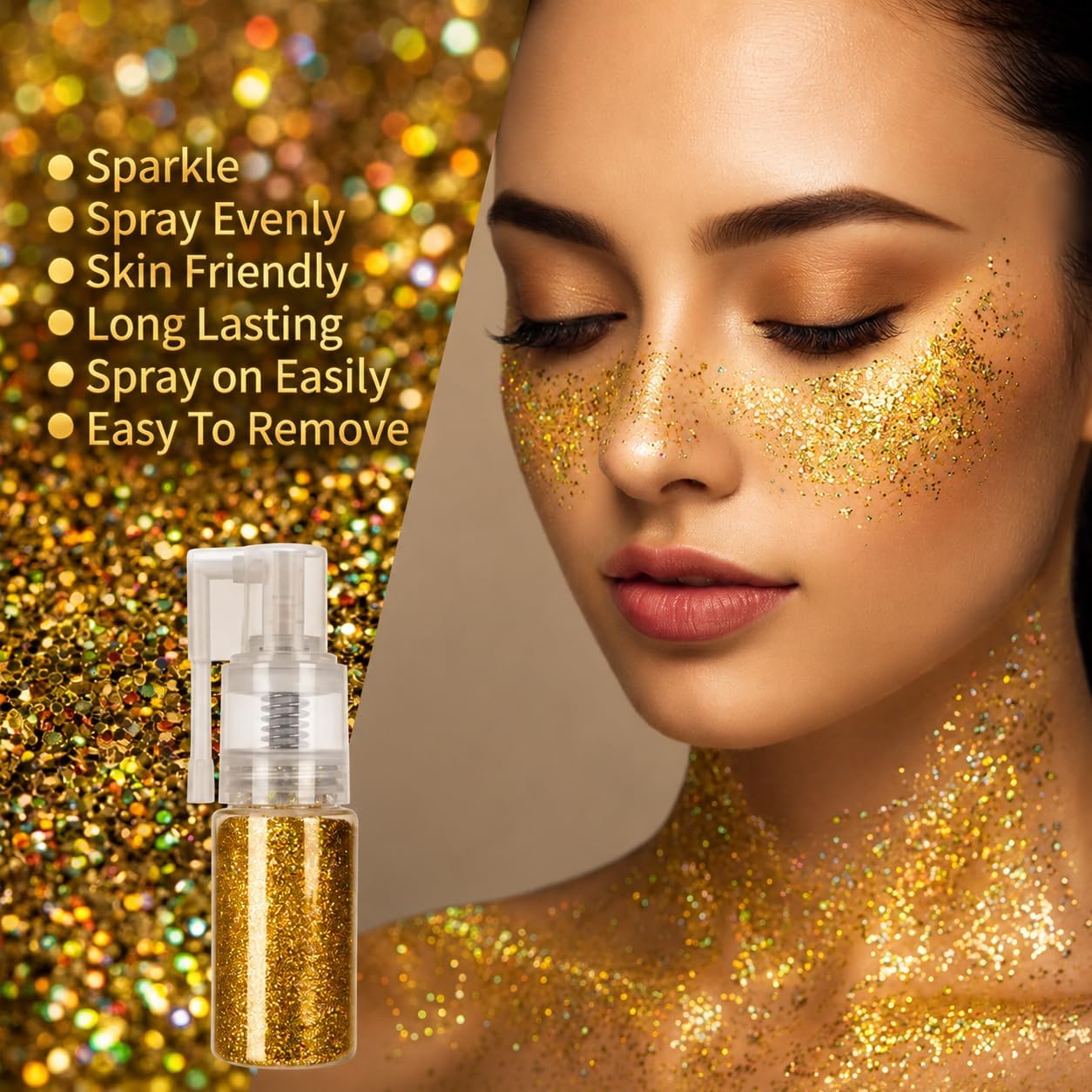 Gold Hair and Body Glitter Spray - Shiny Sparkle Glitter for Clothes & Hair | 25g/0.88oz