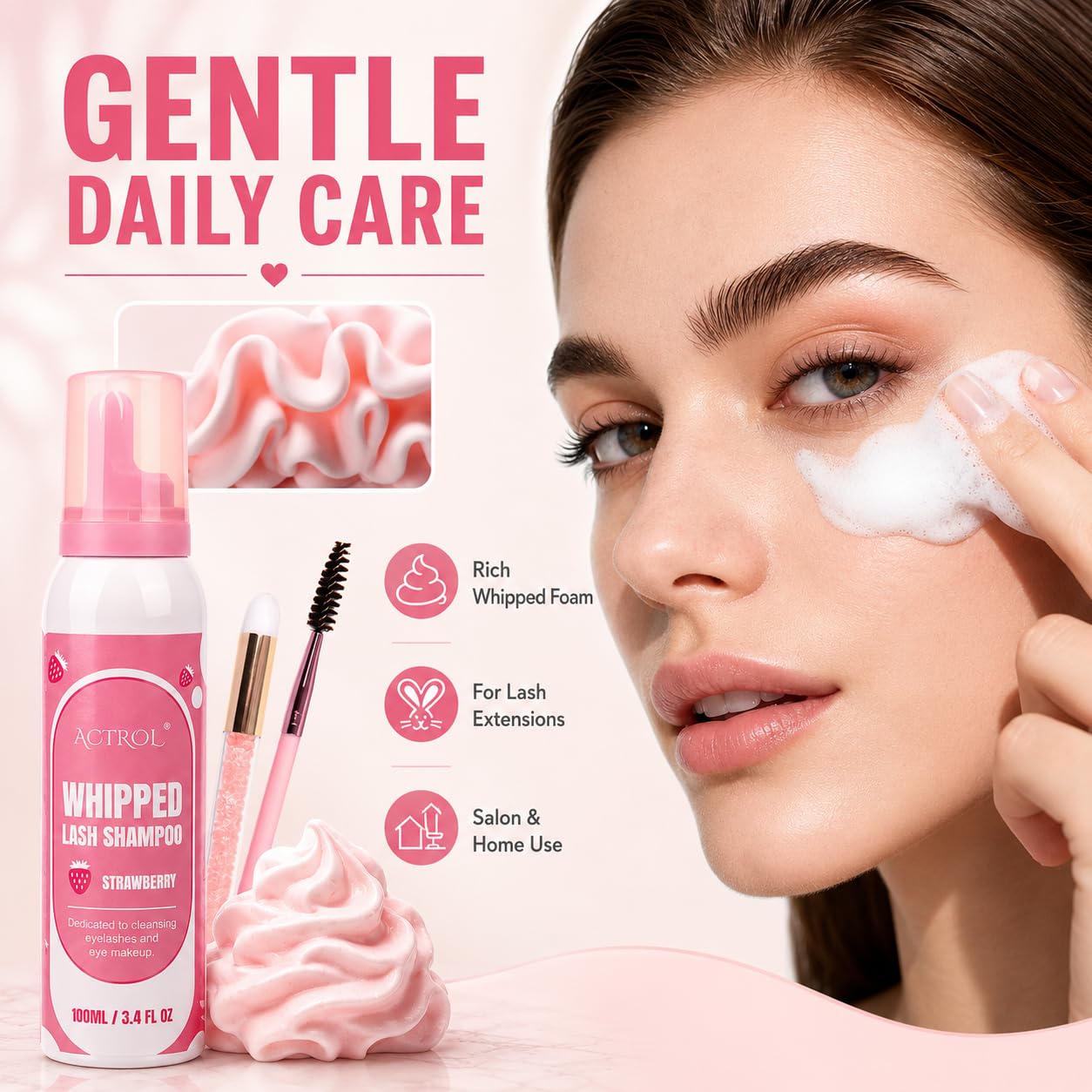 ACTROL Whipped Lash Shampoo for Lash Extensions, 100ml Strawberry Scented Eyelash Cleanser Foaming Wash with Brush Eyelid Eye Makeup Remover for Salon and Home Use