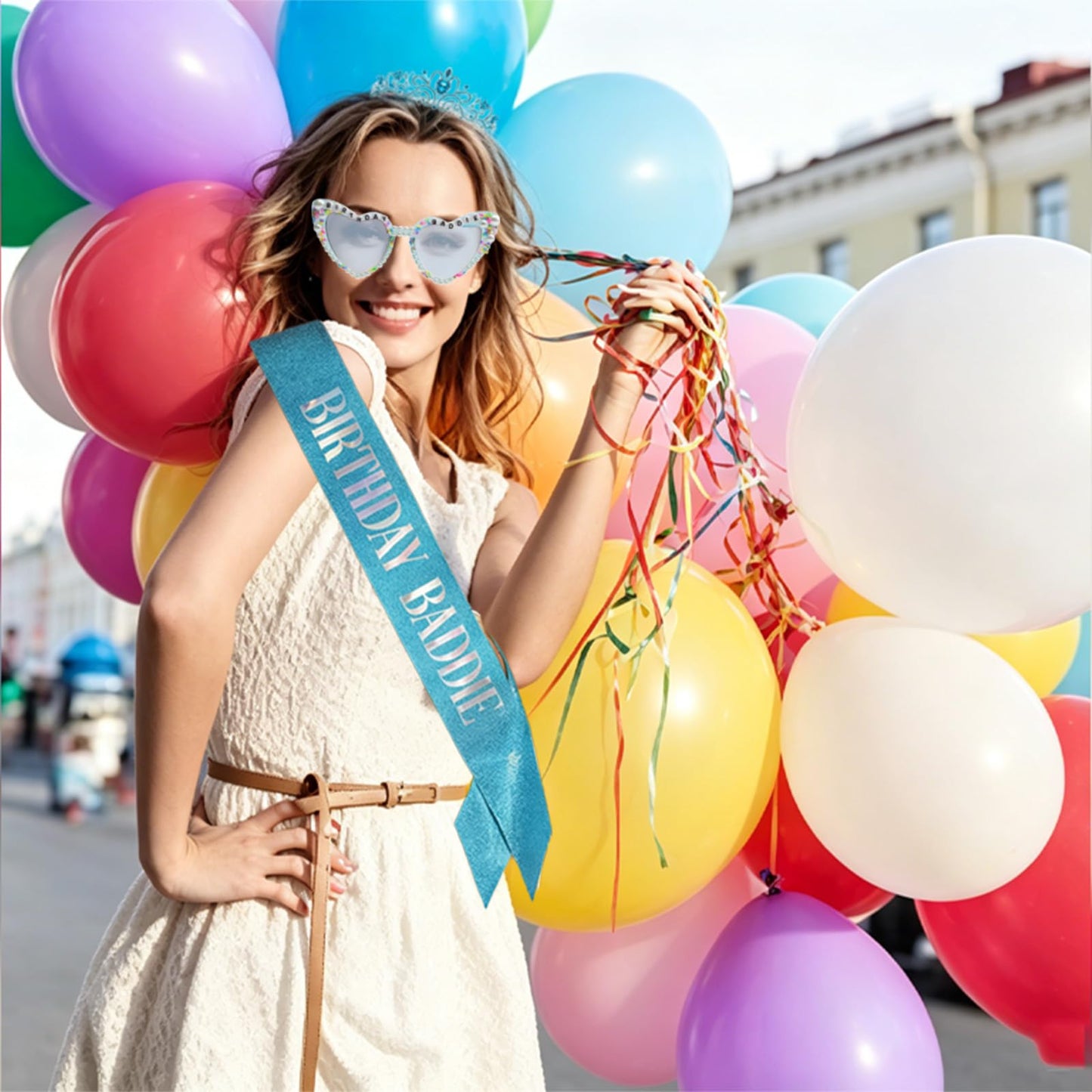 PcwBcn Birthday Baddie Glasses, Blue Birthday Queen Sash Tiara Crown for Women Girls, 3 Pcs Elegant Princess Headband Hair Accessories Happy Birth Party Decorations 21st-90th Mom Birth Gifts