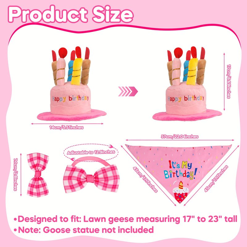 Wanocean Porch Goose Outfits, Happy Birthday Outfits Set with Cake Hat & Bow-Tie, Mothers Day Gifts for Women Mom Wife, Porch Cement Goose Costume Fit 17"- 23" Geese for Outdoor Garden Decor,Pink