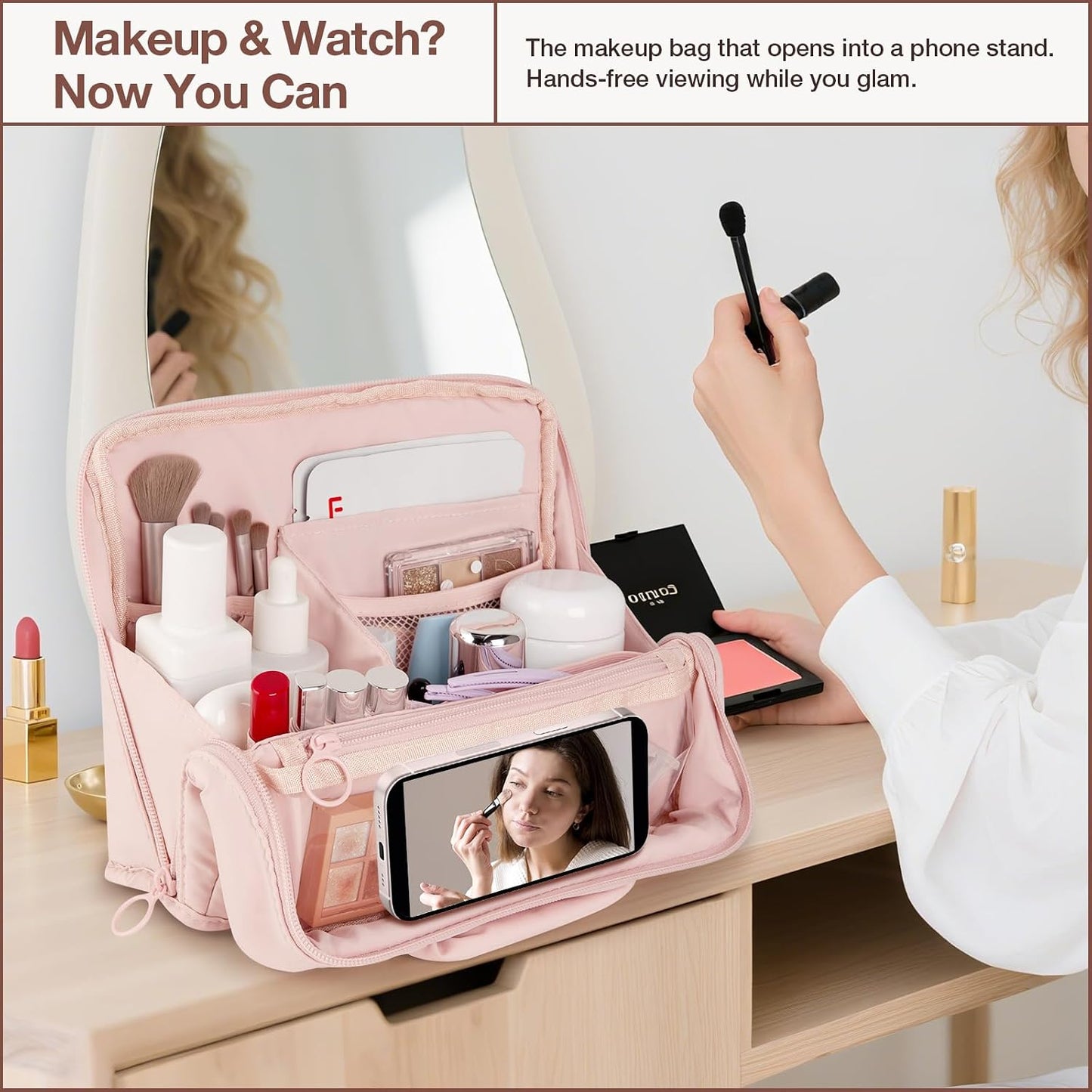 Standing Makeup Bag - Large Capacity Travel Toiletry Organizer with Multiple Compartments | Pink