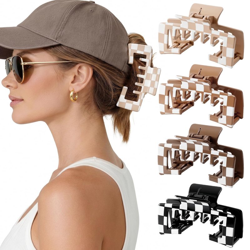 4 PCS Large Hair Clips for Baseball Cap, 4.1 Inch Hat-Friendly Claw Clips for Women Girls, Non-Slip Strong Hold Trucker Hat Hair Claw Clips for Thick Thin Hair, Checkered (Patent Pending)