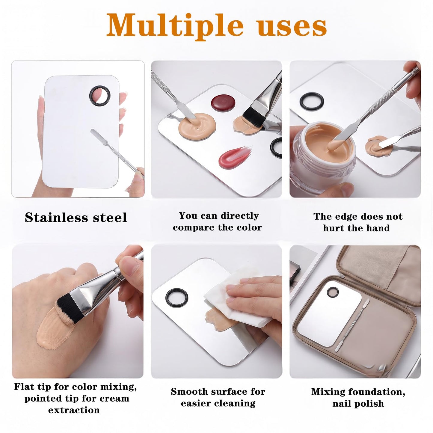 Tyqour 3 Pcs Makeup Mixing Palette Stainless Steel Makeup Palette Tray with Spatula Brush and Makeup Spatula, Foundation Palette for Women, Korean Makeup, Nail Art