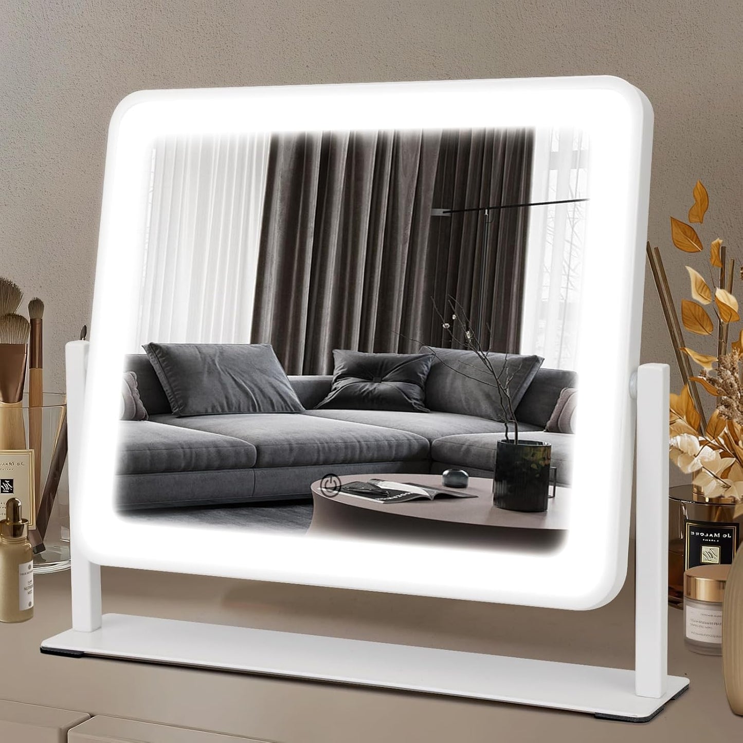 LED Makeup Mirror with Lights - 15" x 12.2" Dimmable Vanity Mirror with Smart Touch & 3-Color Lighting | 360° Rotation, White