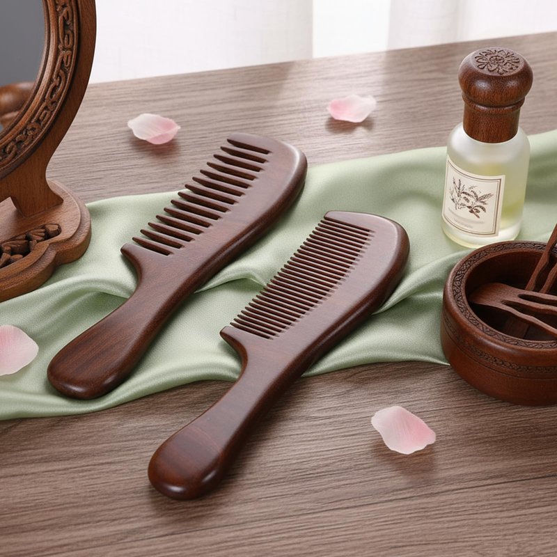 2 Pcs Sandalwood Comb Set Wide and Fine Tooth Comb Wooden Detangling Anti-static Natural Wood Combs Green Handmade Sandalwood Combs for Women Men Straight Curly Dry Wet Hair