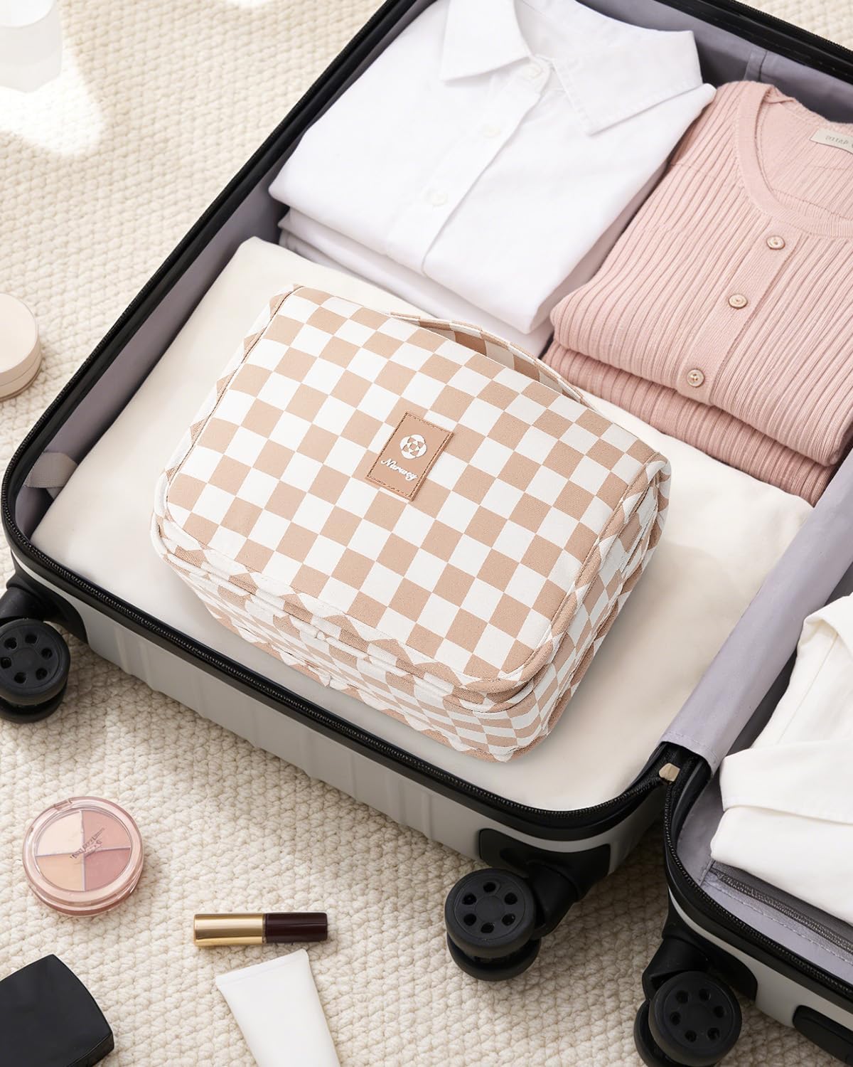 Travel Toiletry Bag - Small Hanging Makeup Organizer for Women | Light Brown Checkerboard Design