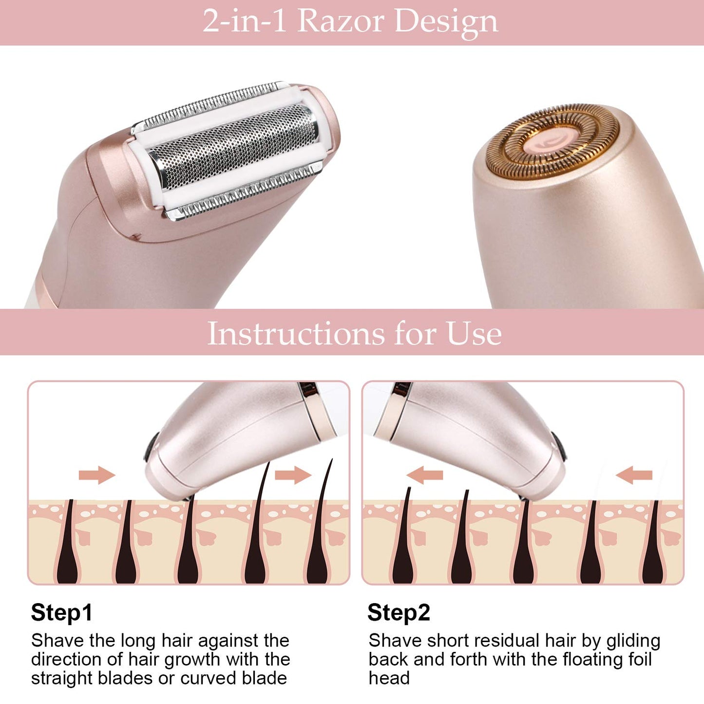Electric Razors for Women - Painless 2-in-1 Shaver for Women Hair Remover for Face, Legs and Underarm Wet & Dry, Portable Bikini Trimmer, Lady Hair Removal with 2 Trimmer Heads- Micro USB Recharge