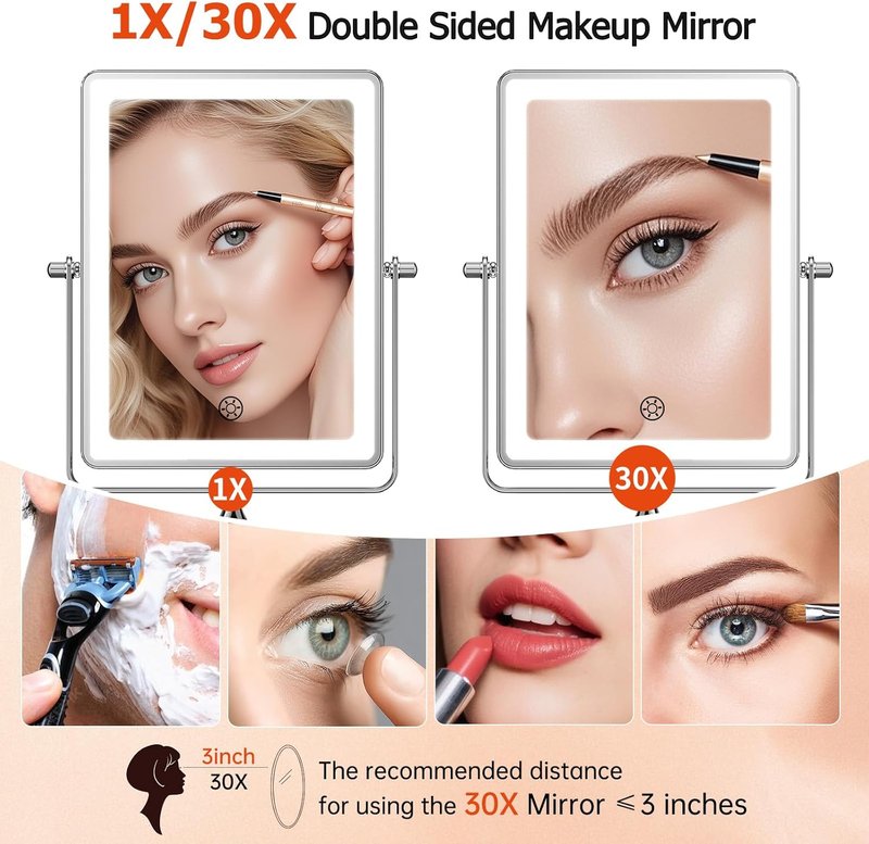 FUNTACH 5000mAh Rechargeable Makeup Mirror - 8.7" Double-Sided 1X/30X Magnification | Dimmable 3-Color Light, 360° Wall Mount