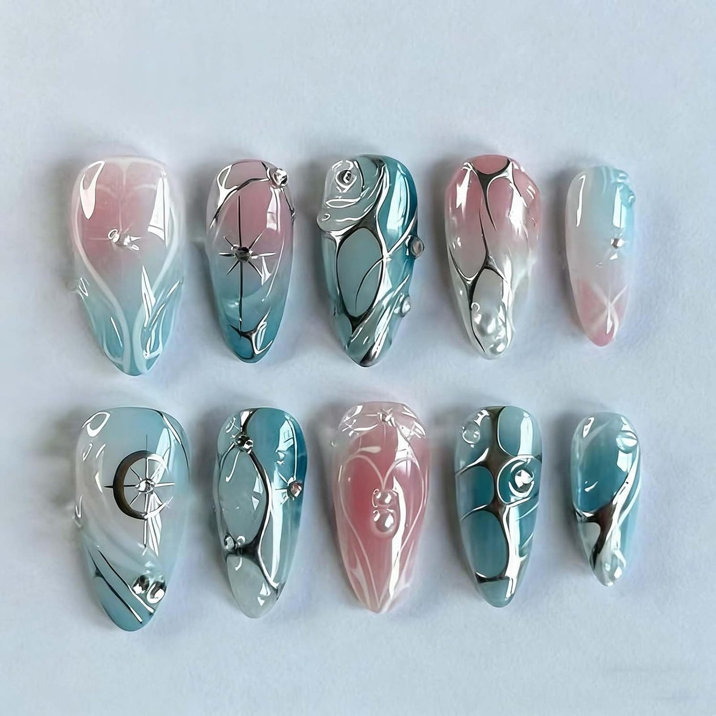 Press-On Nails - 24Pcs Medium Almond Beach Flower Design | Full Cover Acrylic with Shell & Starfish Rhinestones