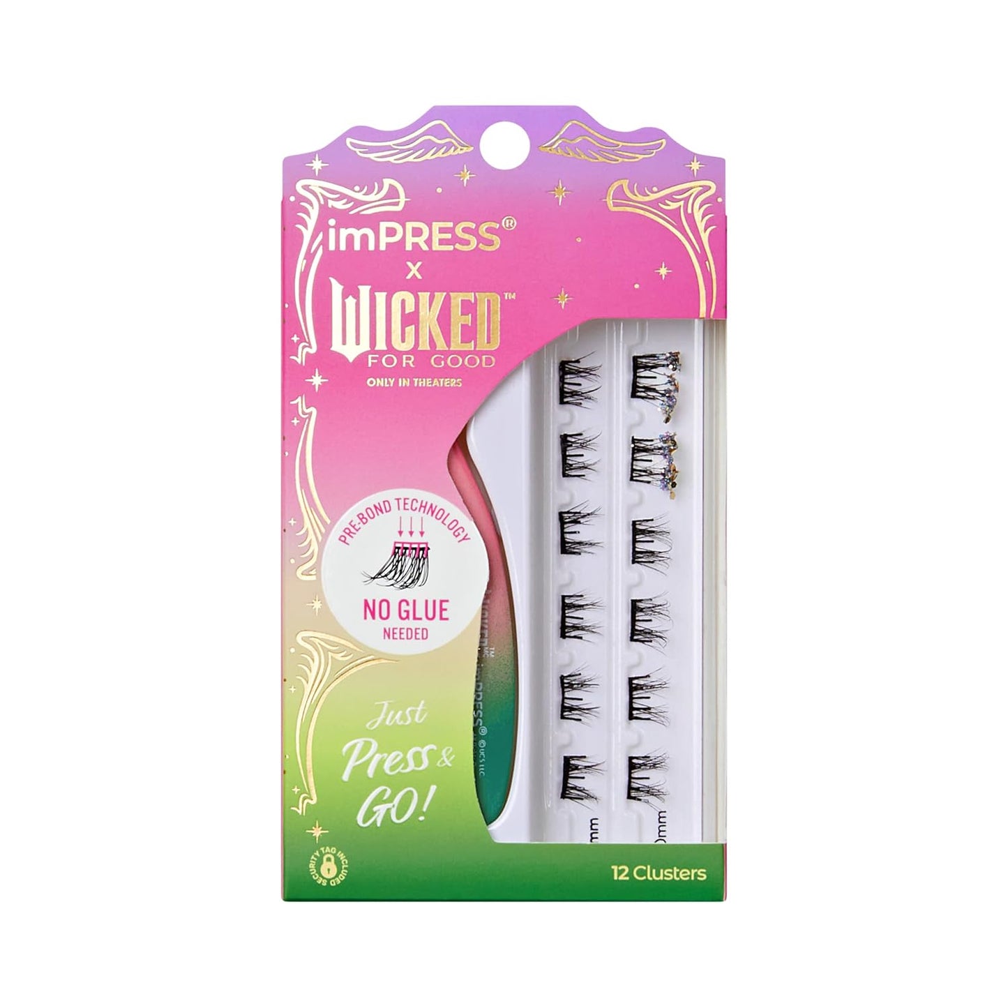 Press On Self Adhesive Eyelashes - Natural Volume 8mm-10mm Lashes with Purple Glitter | 12 Lash Clusters & Mini Applicator