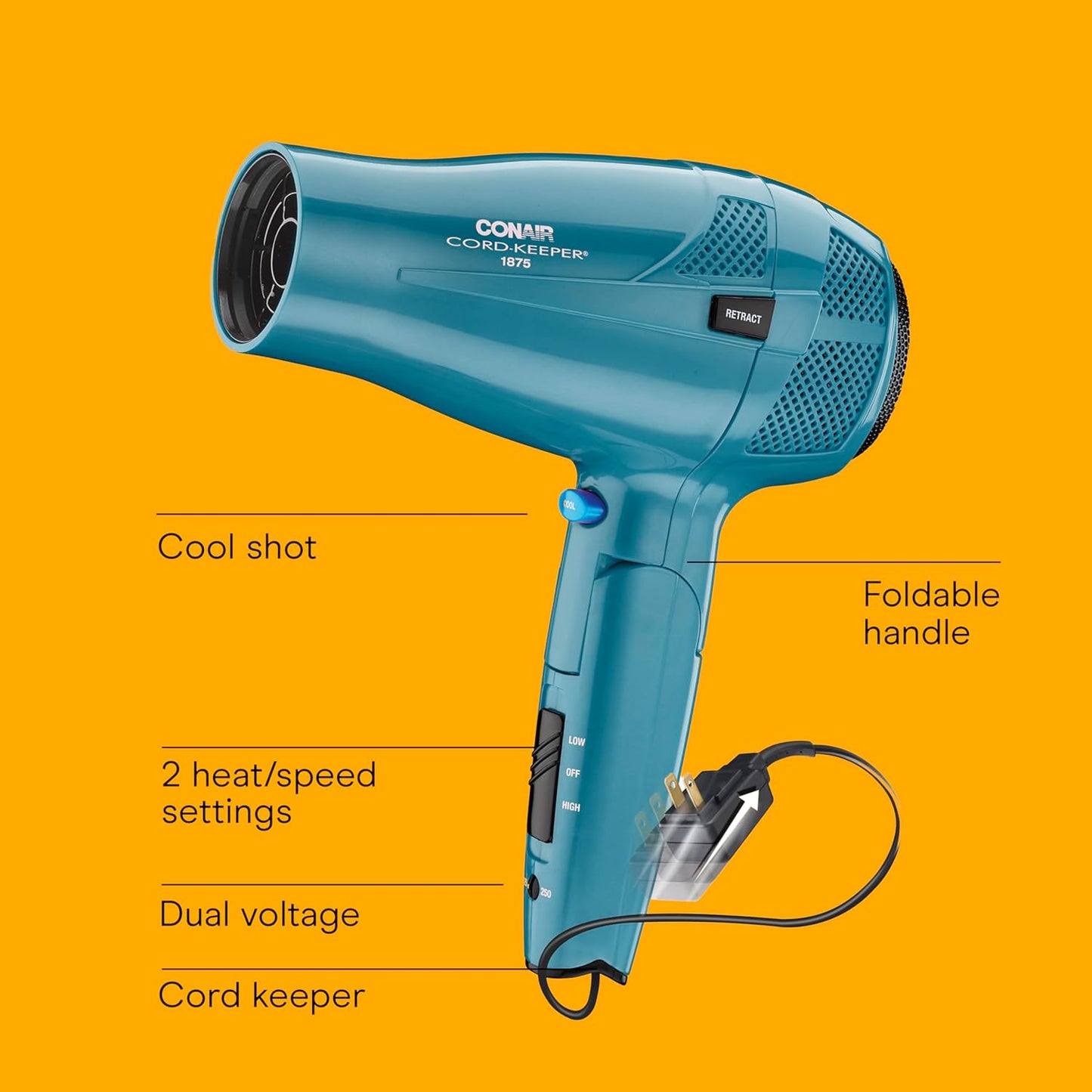 Conair Travel Hair Dryer - 1875W Ionic Technology with Folding Handle & Retractable Cord | Teal