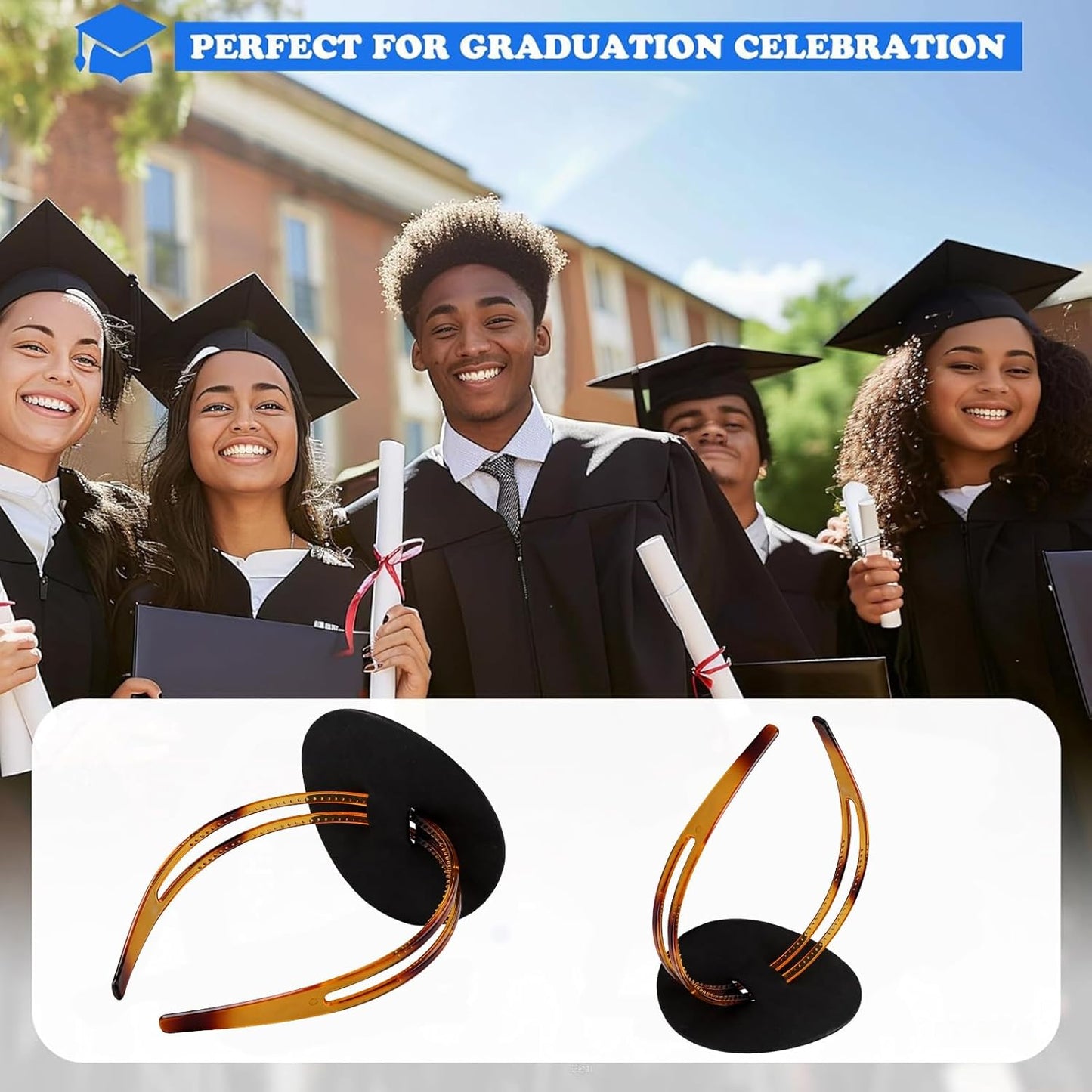 Graduation Cap Headband - Firm Brown Anti-Fall Hairband with Adhesive Felt | Adjustable Round Grad Hat Accessory