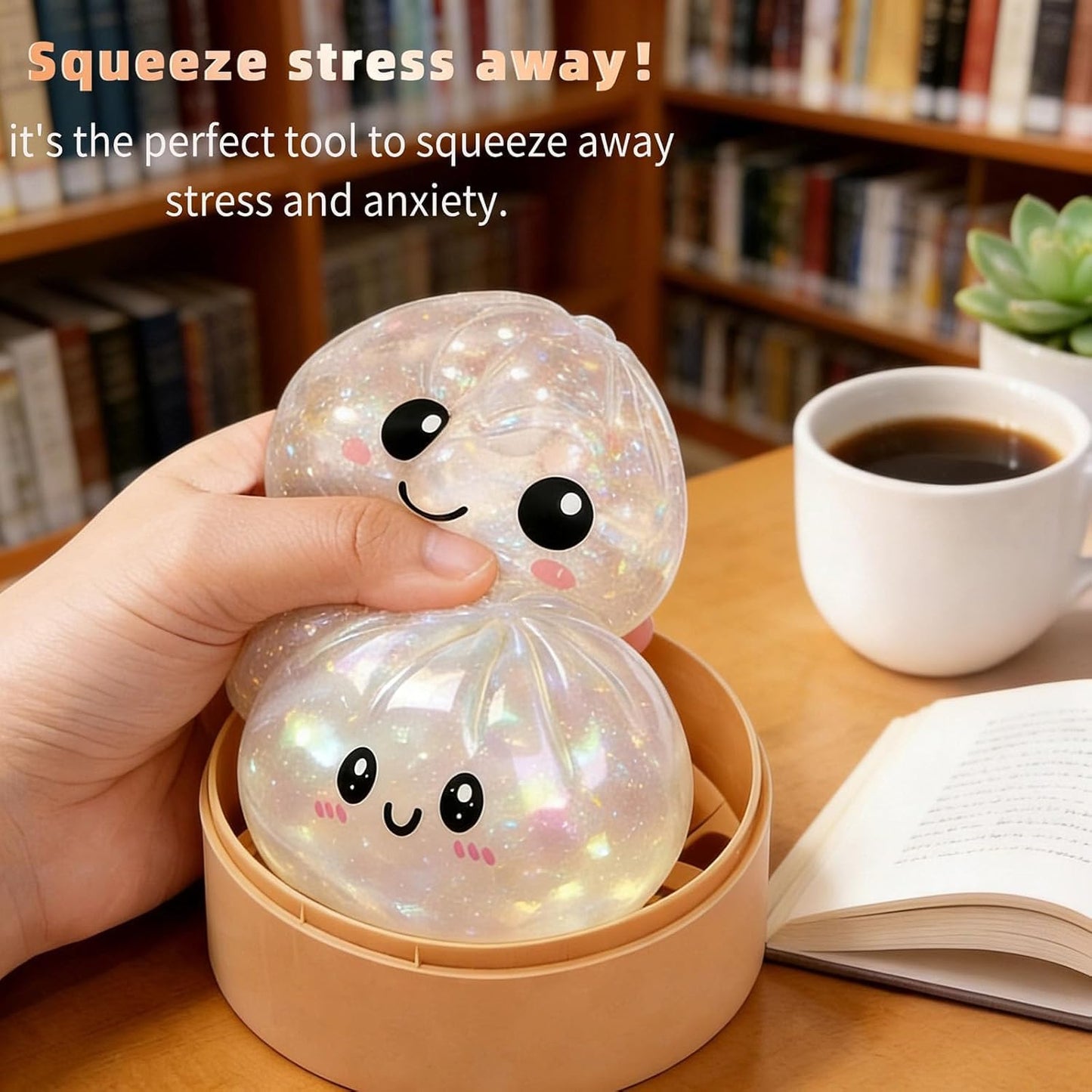 Glitter Dumpling Squishy, Colorful Dumpling Squishes Stress Balls with Steamer, Easter Gifts, Soft Squeeze Decompression Dough for Adults (White with Glitter)