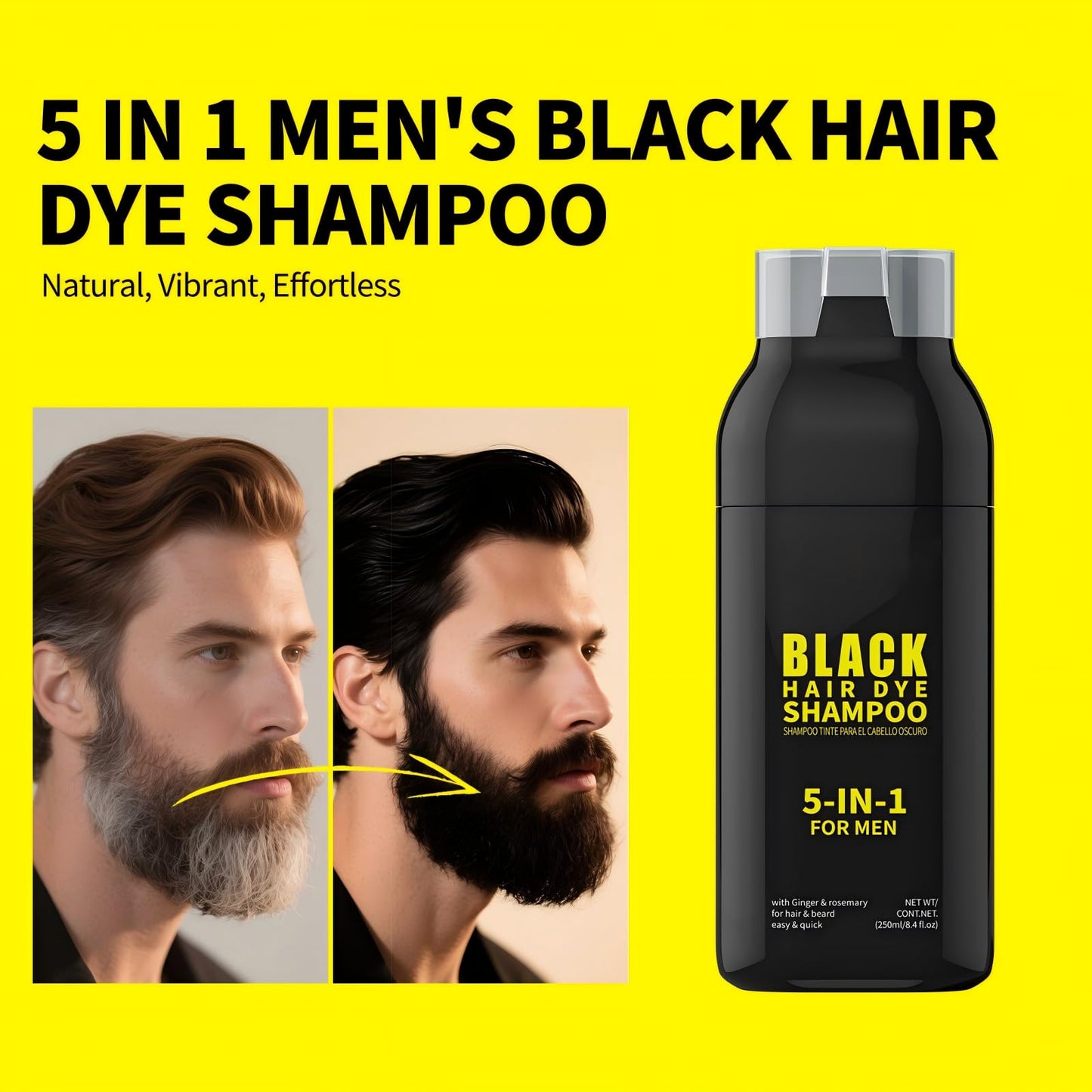Gowwim Men's Beard Dye & Hair Dye Shampoo - Semi-Permanent Beard Dye Black, 15 Minute Natural Beard & Mustache Coloring Shampoo
