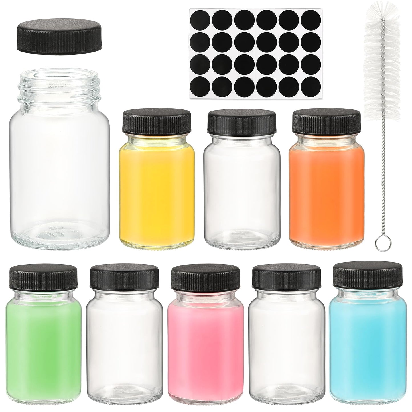 2 oz Glass Shot Bottles Black Lids & 24 Labels And Brush-Small Clear Jar for Ginger,Juice, Sample, Whiskey-Travel Essentials Mini Bottles-Wide Mouth, Leakproof,Wellness Shot,Dishwasher Safe (9)